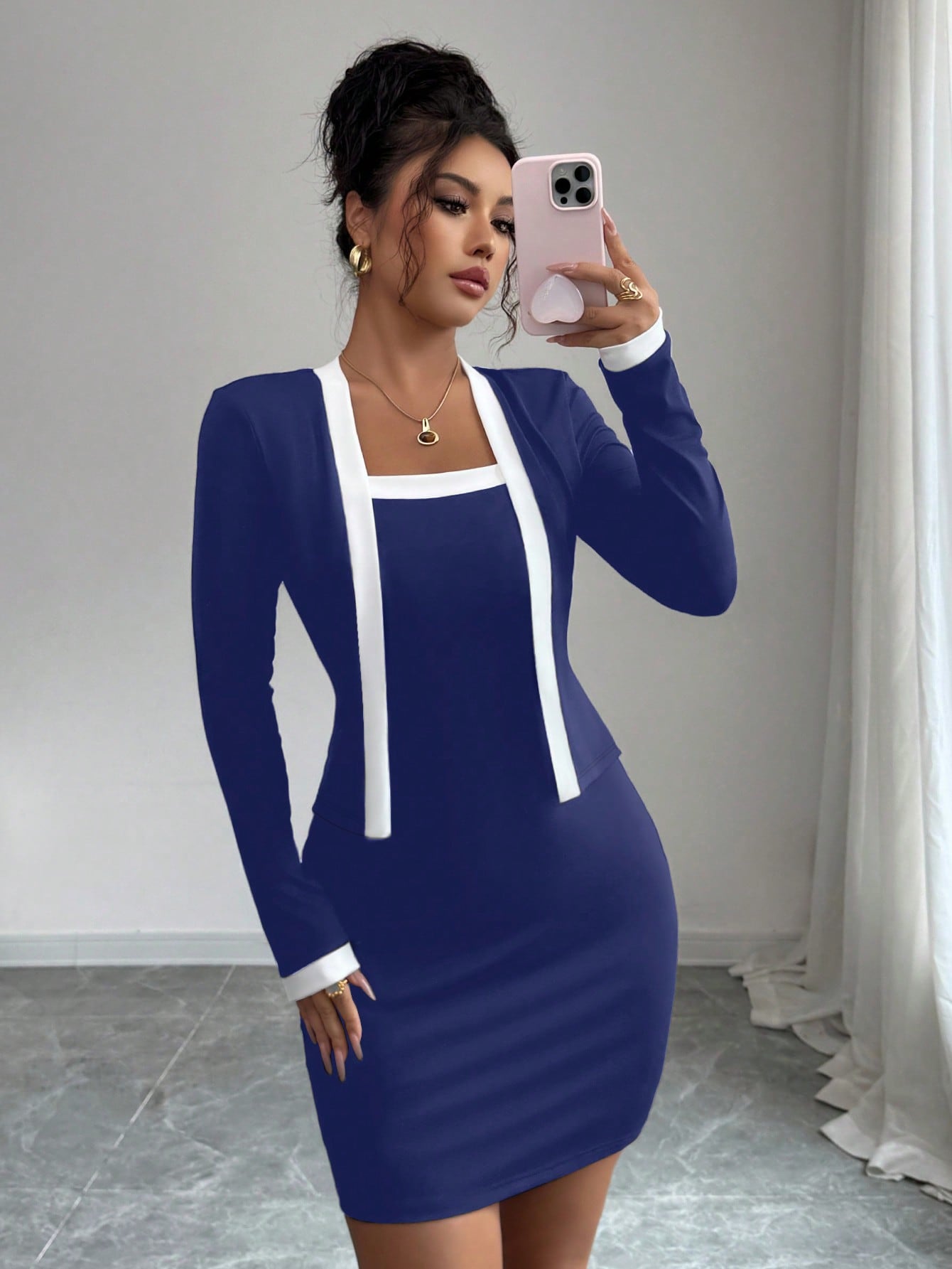Women’s Woven Fabric Mini Dress, Long Sleeve Simple Design, 2 In 1 Style, 1 Piece, For Everyday Wear