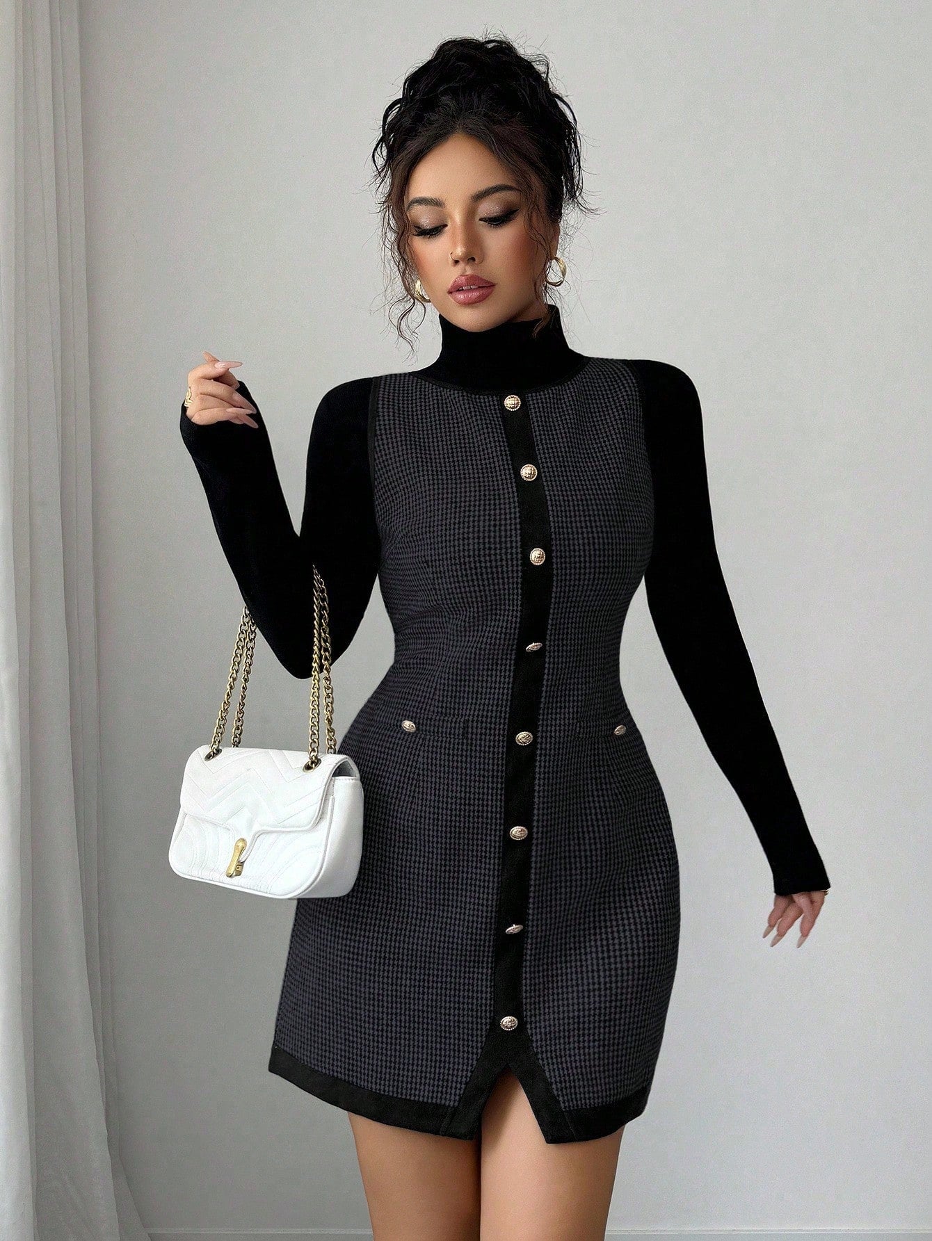 Women’s Wool-Blend Fabric Sleeveless Dress, Round Neck Patchwork Design, 1 Piece, For Office and Daily Wear