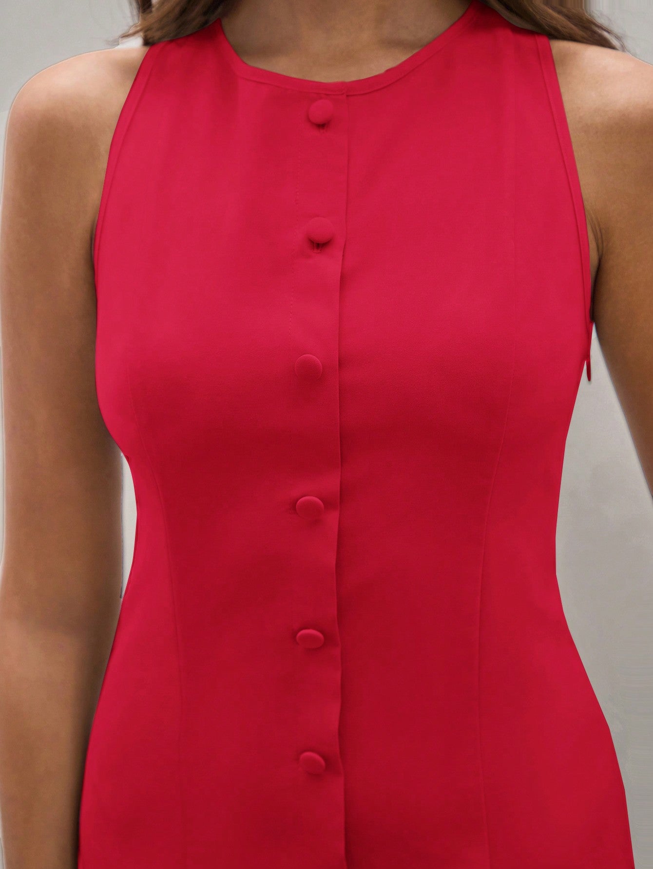 Women’s Woven Fabric Sleeveless Mini Dress, Round Neck Button Front Design, Solid Pattern, 1 Piece, For Summer Wear