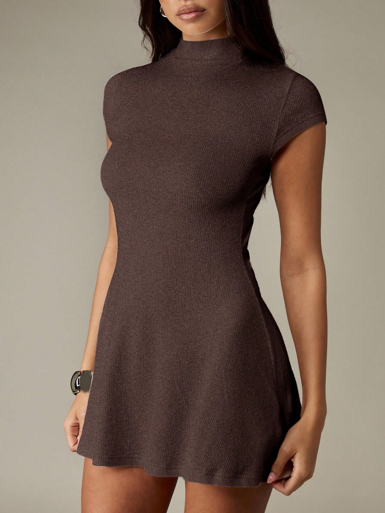 Women’s Knit Fabric Mini Dress, Ribbed Texture, Crew Neck Short Sleeve Design, 1 Piece, For Autumn and Winter Wear
