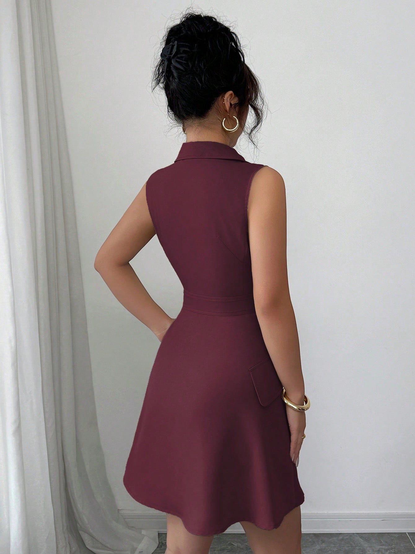 Women’s Woven Fabric A-Line Short Dress, Sleeveless Shirt Collar Design, Double Breasted Detail, 1 Piece, For Commuting and Daily Wear