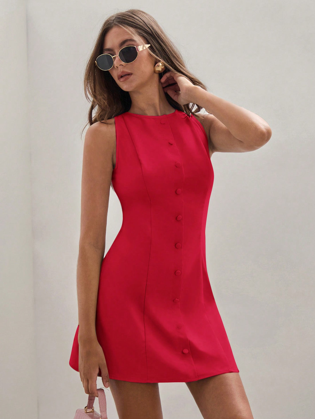 Women’s Woven Fabric Sleeveless Mini Dress, Round Neck Button Front Design, Solid Pattern, 1 Piece, For Summer Wear