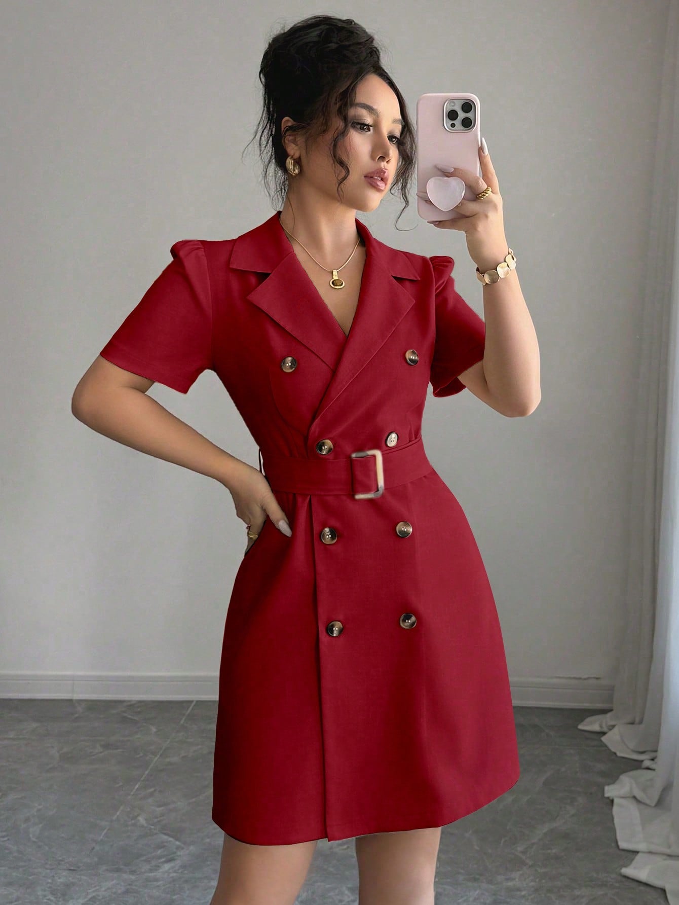 Mandarin Collar Dress with Cinched Waist Double Breasted Front and Puff Sleeves for Daily Wear