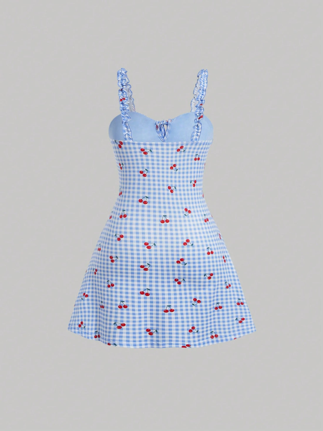 Cherry Print Gingham Dress Neutral Color Single Piece Sleeveless Strap Design For Casual Wear