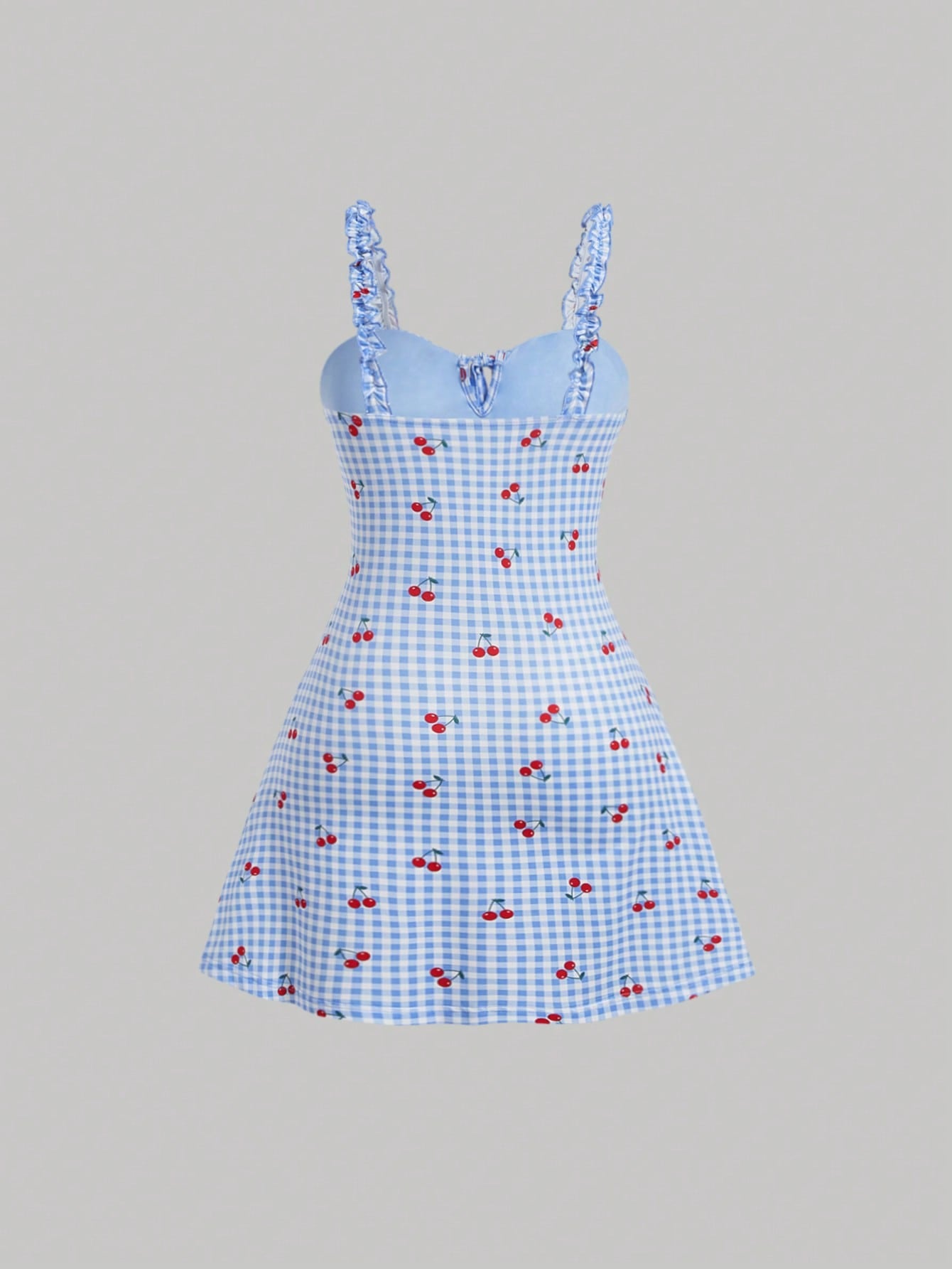 Cherry Print Gingham Dress Neutral Color Single Piece Sleeveless Strap Design For Casual Wear