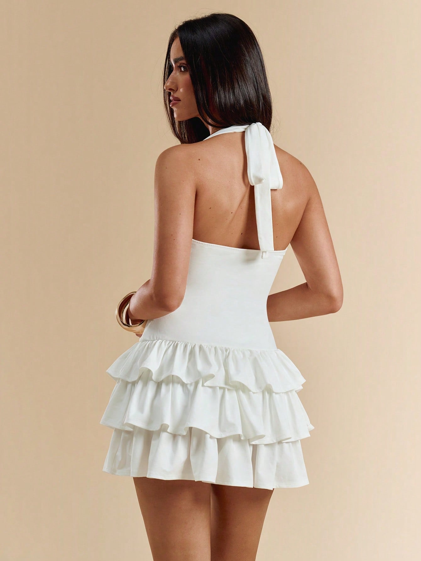 Halter Neck Backless Layered Ruffled Hem Dress for Graduation and Special Occasions