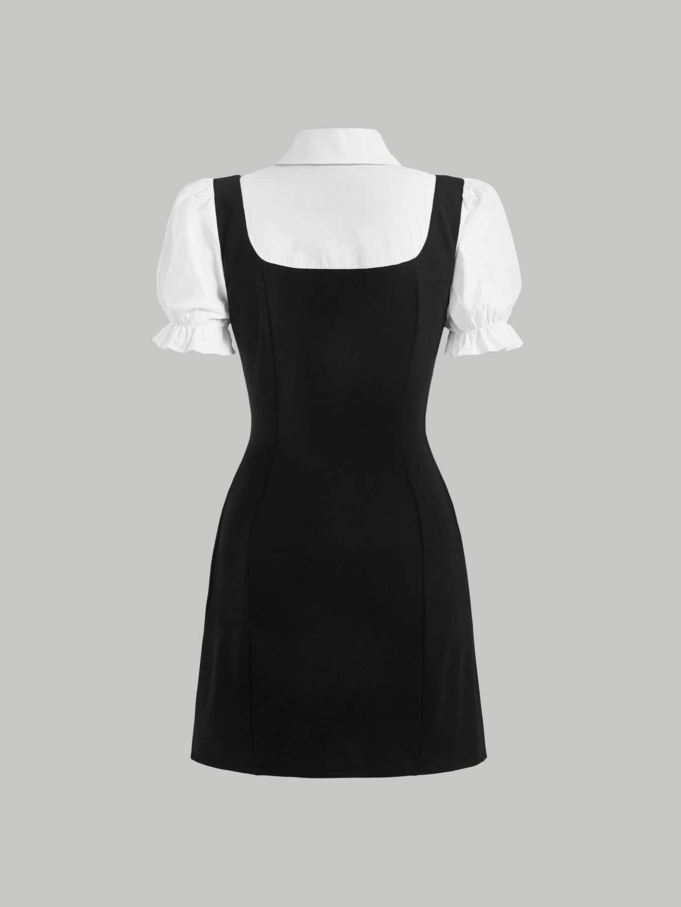 Women’s Woven Fabric Overall Dress, Double Breasted Front, Bow Detail, 2 In 1 Style, 1 Piece, For Daily Wear