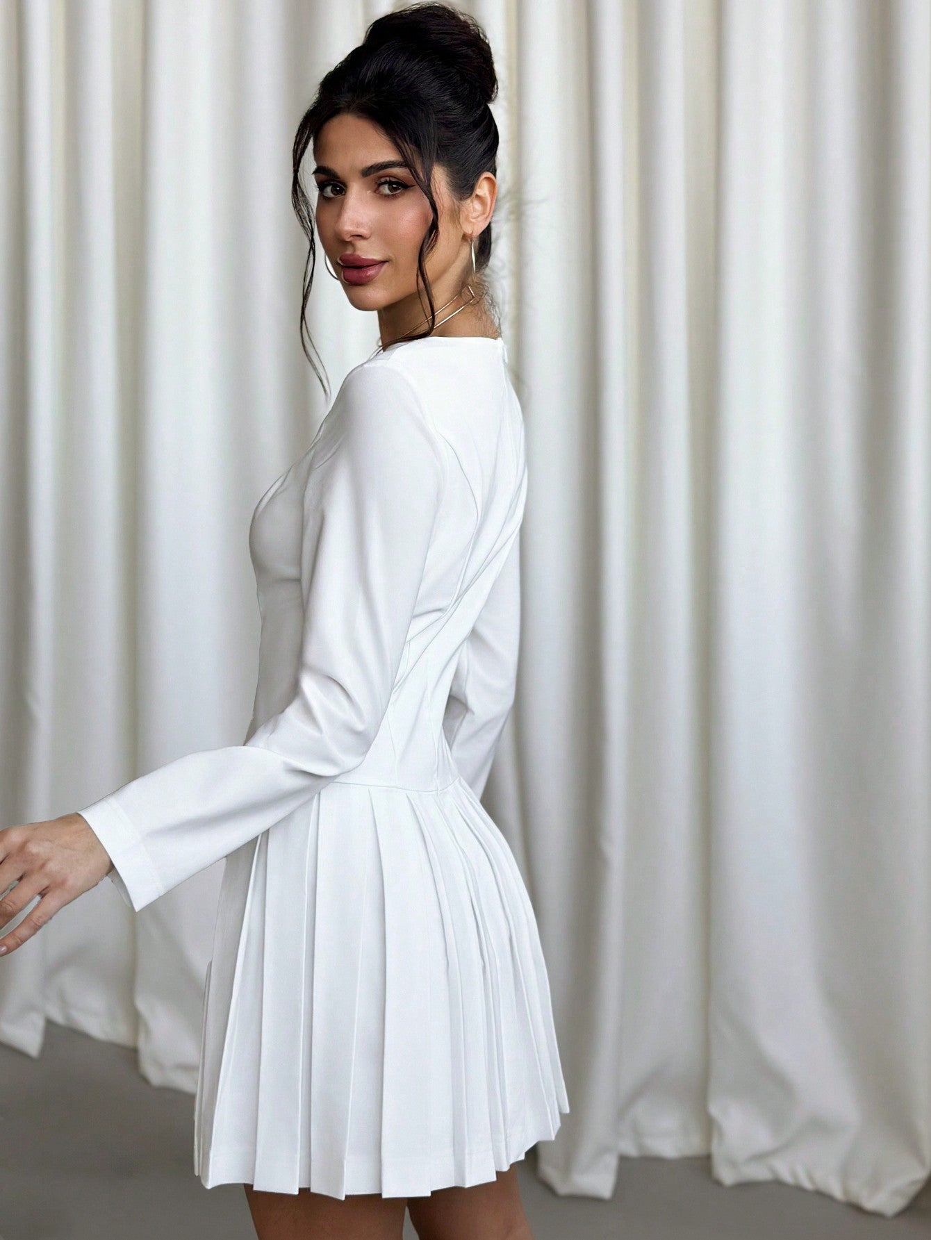 Women’s Woven Fabric A-Line Mini Dress, Long Sleeve Round Neck Design, Pleated Hem Detail, 1 Piece, For Work and Daily Wear