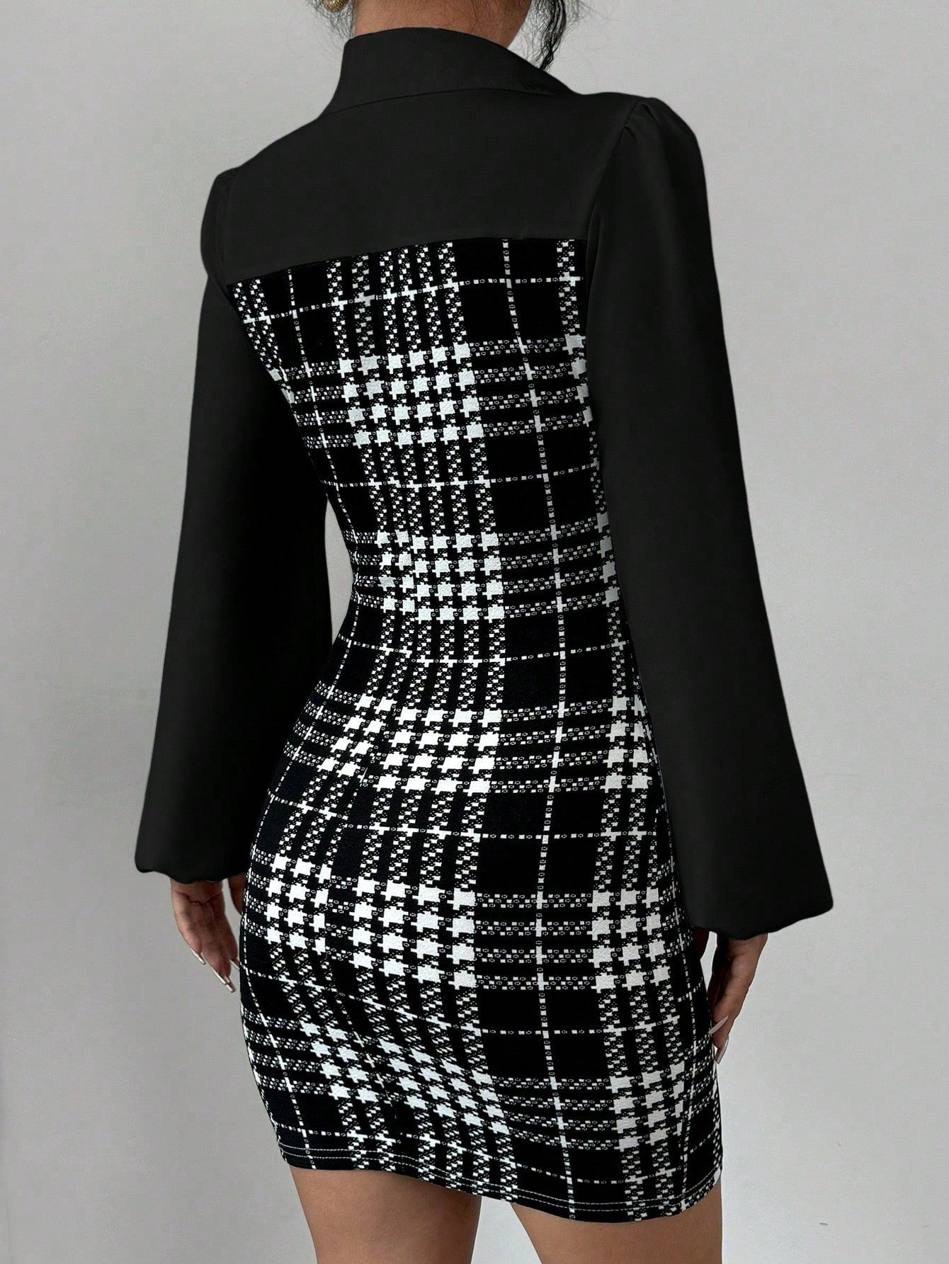 Women’s Woven Fabric Long Sleeve Dress, Collared Patchwork Design, Lantern Sleeve Style, Houndstooth Pattern, 1 Piece, For Autumn and Winter Wear
