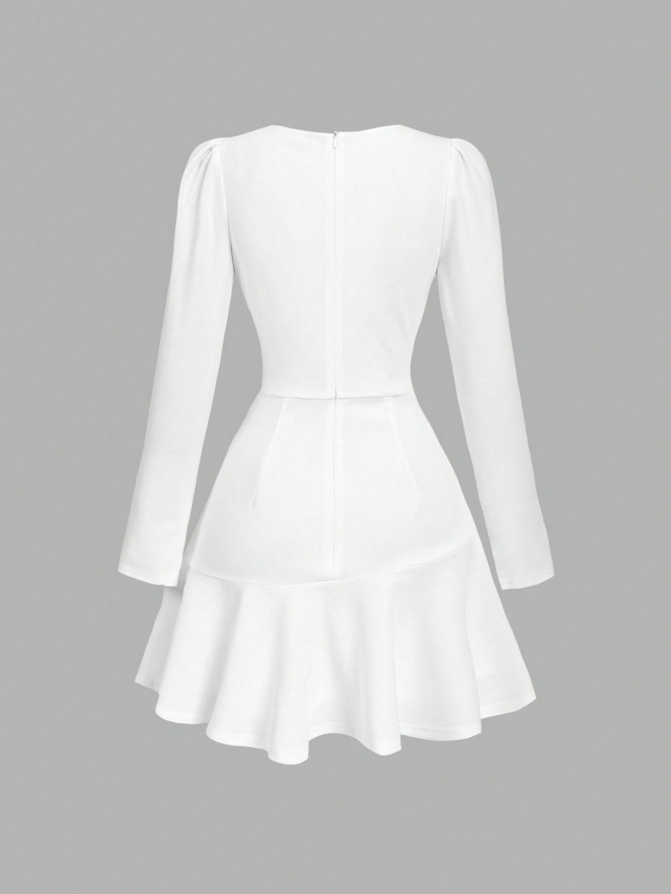 White Pleated Long Sleeve Dress with V Neck Design Short Length for Daily Styling