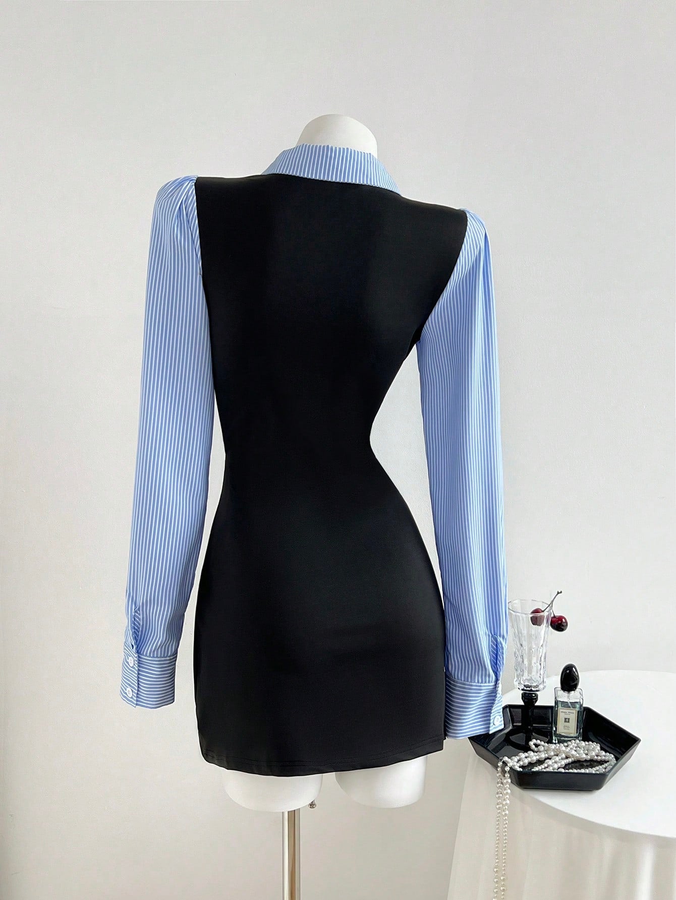 Women’s Woven Fabric Short Dress, Long Sleeve Design with Tie Detail, Color Block Striped Pattern, 1 Piece, For Autumn and Winter Wear