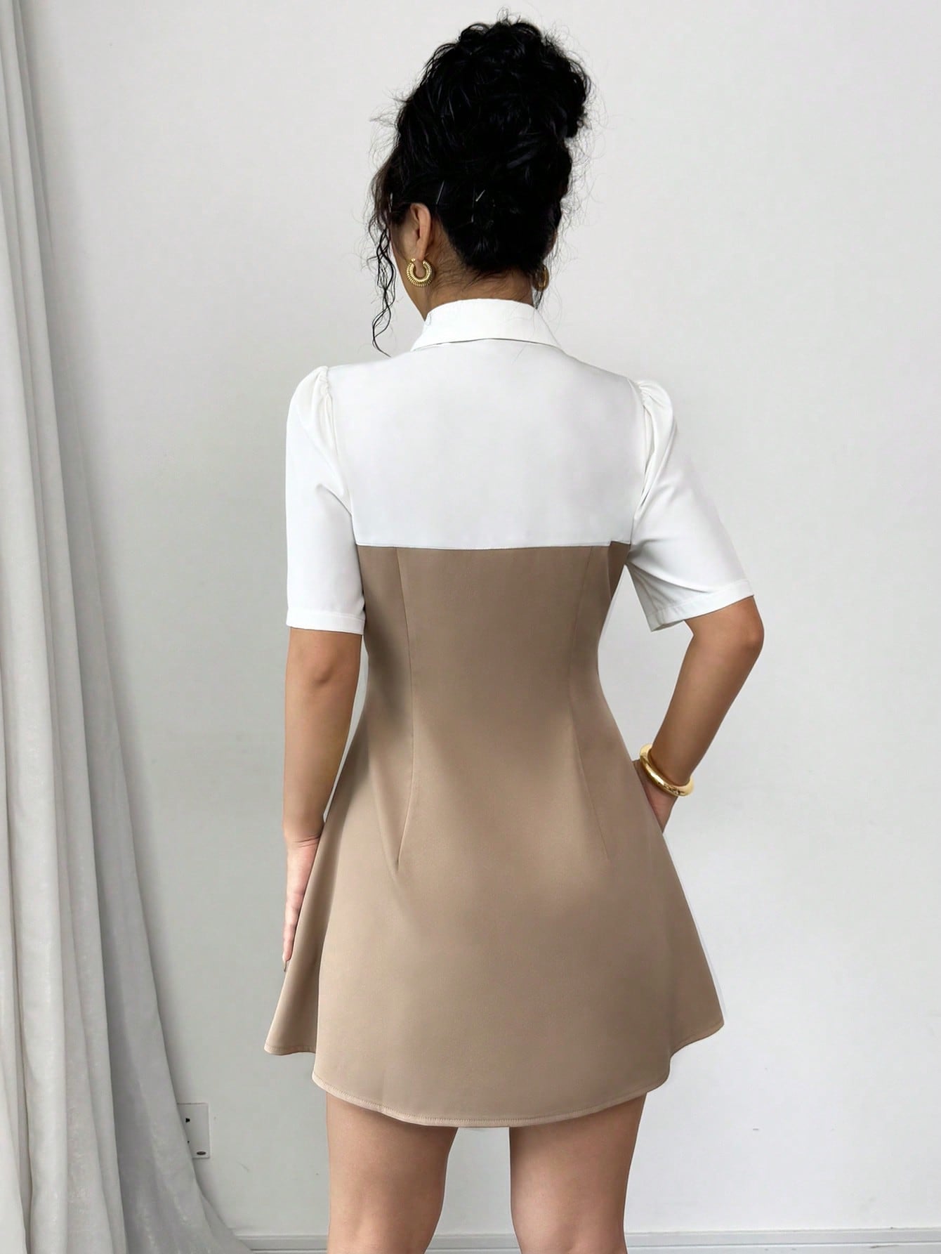 Women’s Woven Fabric Shirt-Style Dress, Short Sleeve Button Front Design, Color Block Detail, 2 In 1 Style, 1 Piece, For Daily Wear
