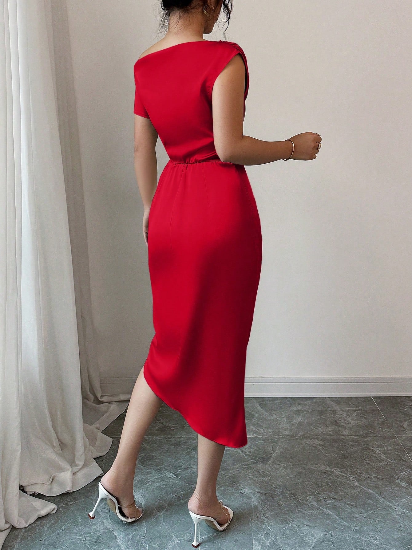 Asymmetric Neckline Ruched Satin Dress for Dates, Birthday Parties, Weddings, and Homecoming Events