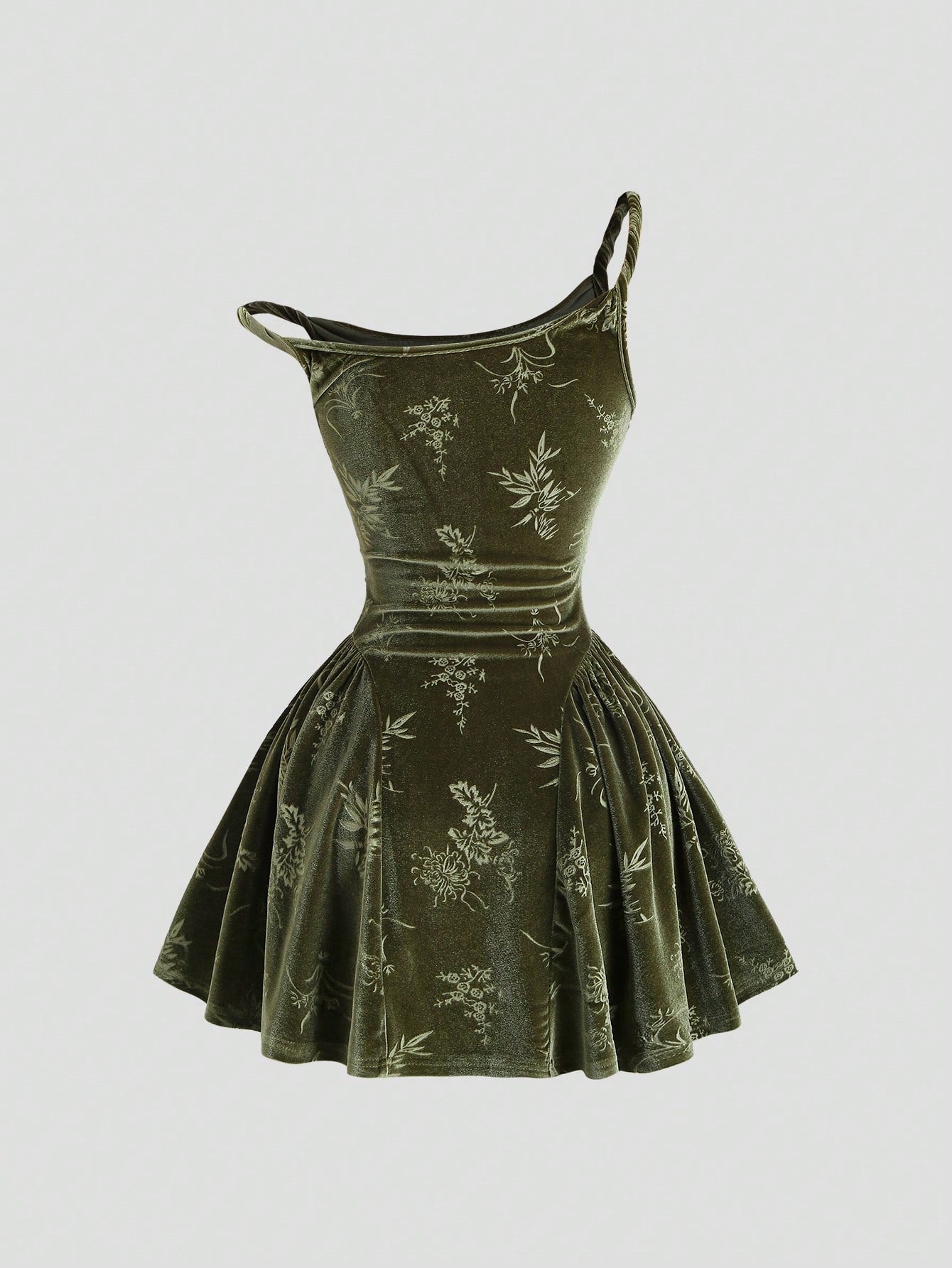 Velvet Fabric Dress Olive Green Color Single Piece Pleated Print Sleeveless Strap Design For General Occasions