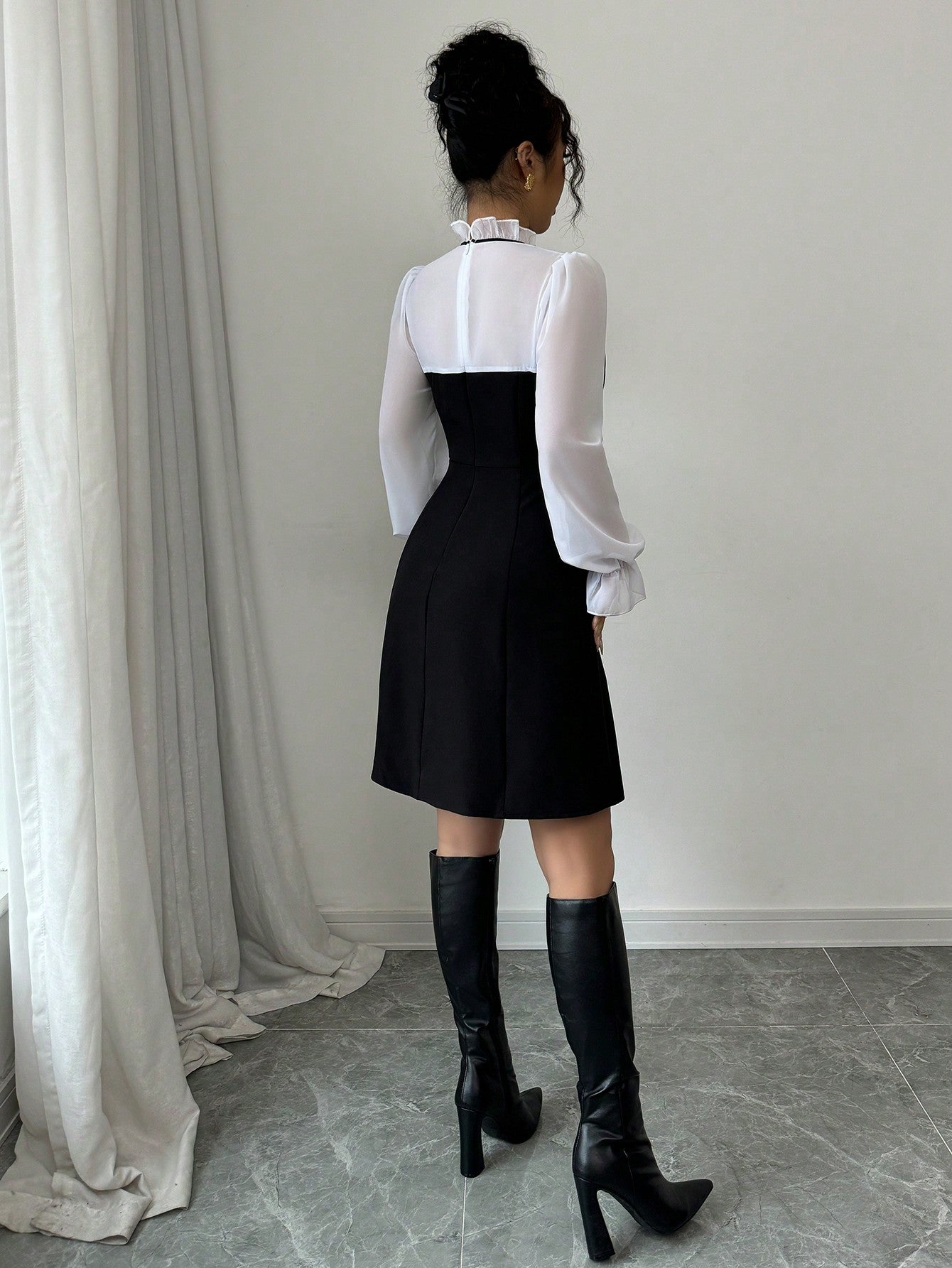 Women’s Woven Fabric Long Sleeve Dress, Stand Collar Tie Detail, Ruffle Hem Design, 1 Piece, For Autumn Wear