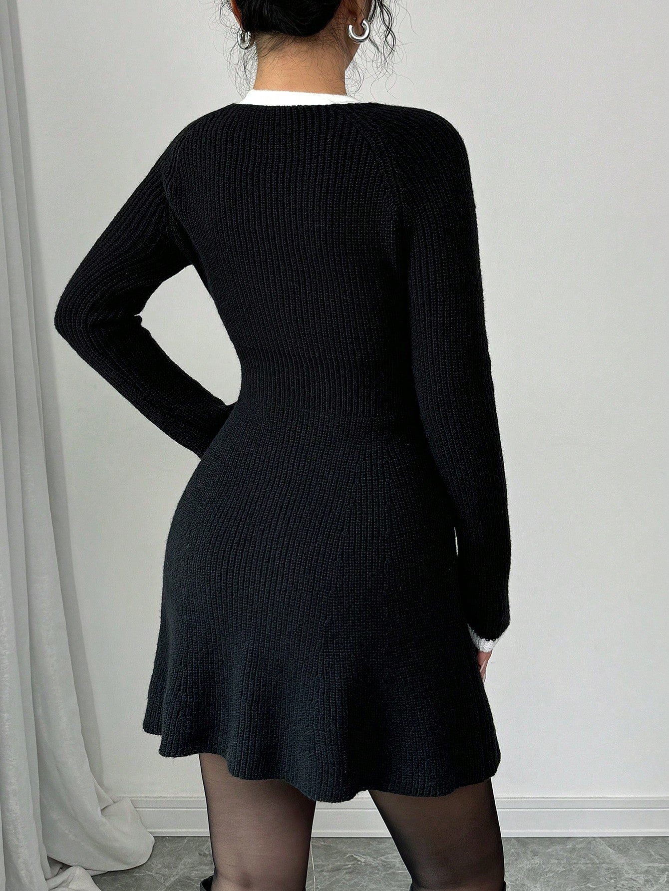 Women’s Knit Fabric A-Line Dress, Long Sleeve Contrast Trim Design, 1 Piece, For Cooler Season Wear