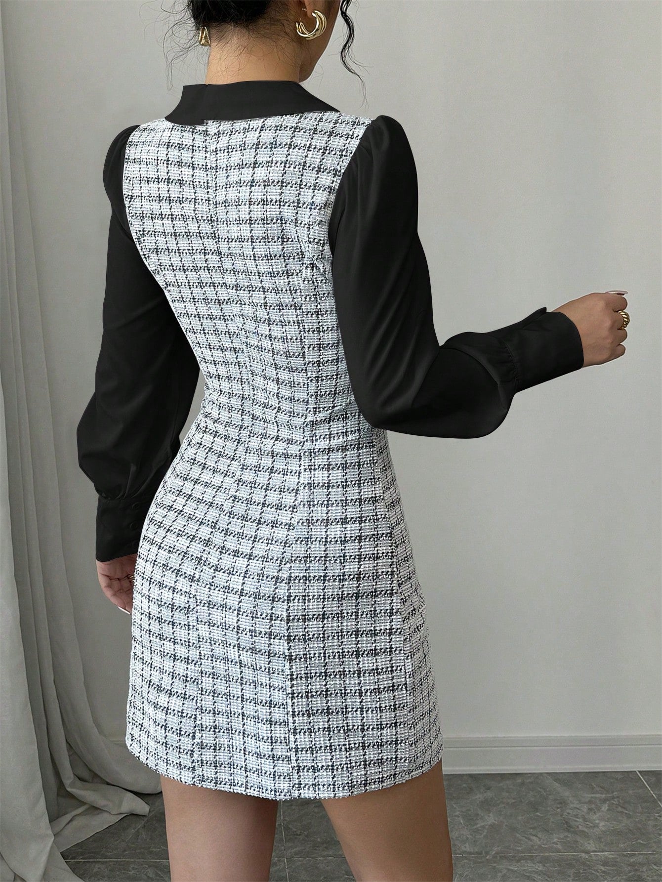 Women’s Woven Fabric Dress, Color Block Patchwork Design, Bow Detail, 2 In 1 Style, 1 Piece, For Autumn Wear