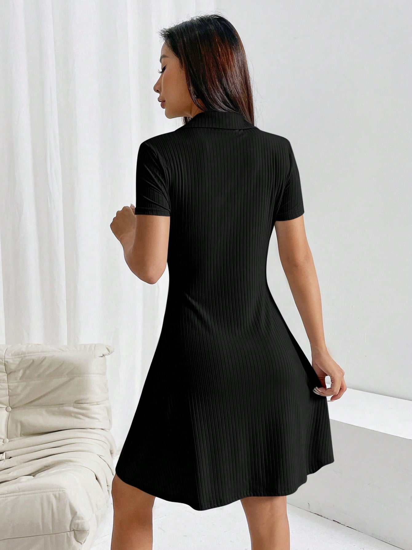 Women’s Woven Fabric Short Sleeve Dress, Polo Collar Design, Solid Pattern, 1 Piece, For Office and Daily Wear