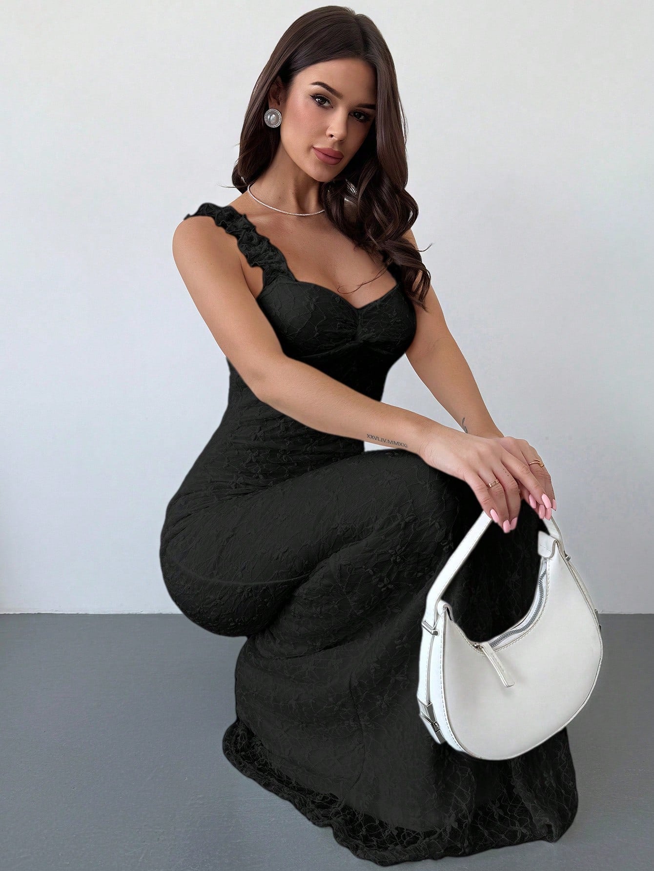 White Lace Ruffle Shoulder Strap Bodycon Long Dress for Daily, Date Night, Holiday, and Wedding Events