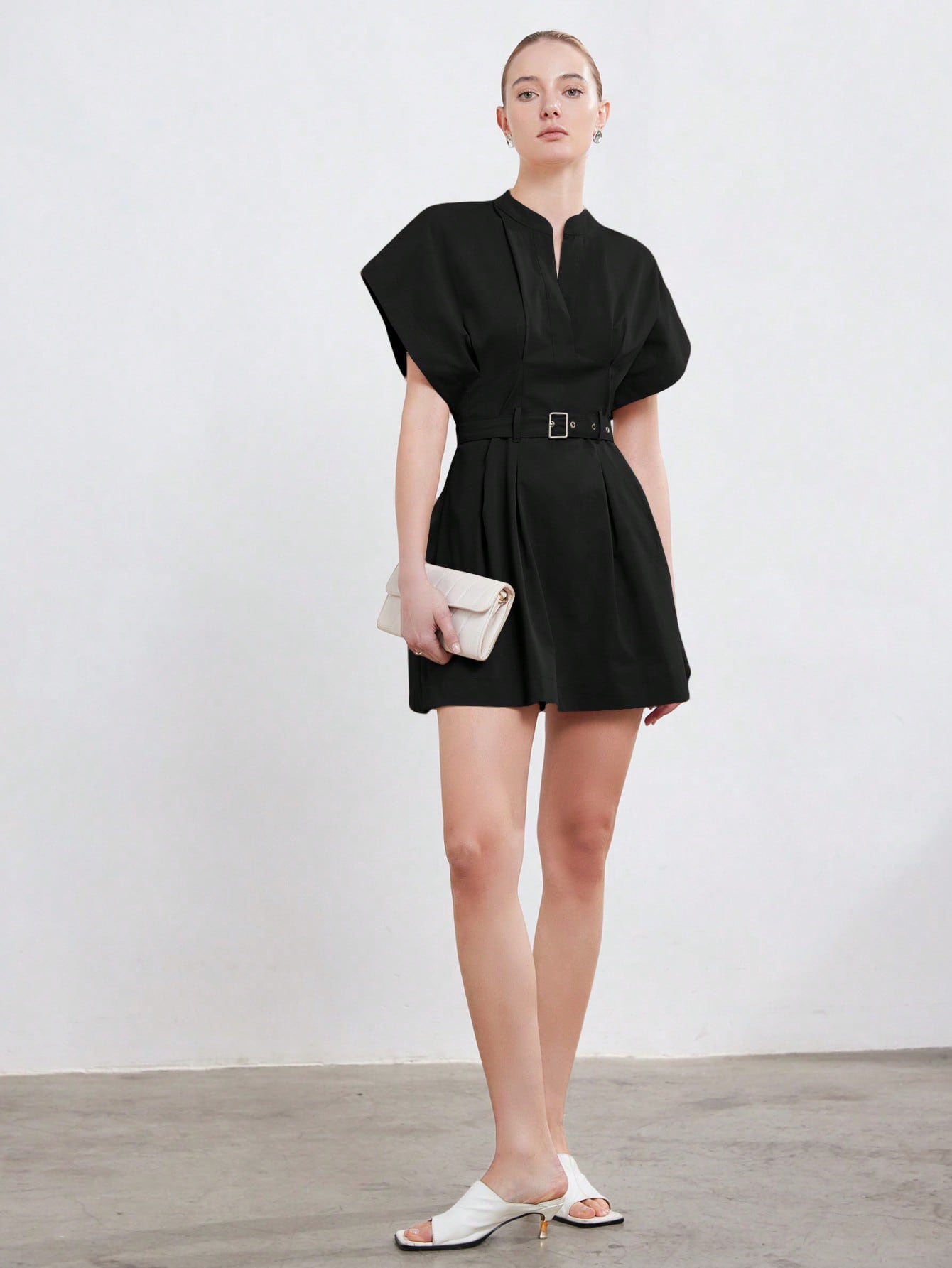 Women’s Woven Fabric A-Line Dress, Stand Collar Round Neck Design, Cap Sleeve Style with Ruched Detail and Belt, 1 Piece, For Commuting and Daily Wear