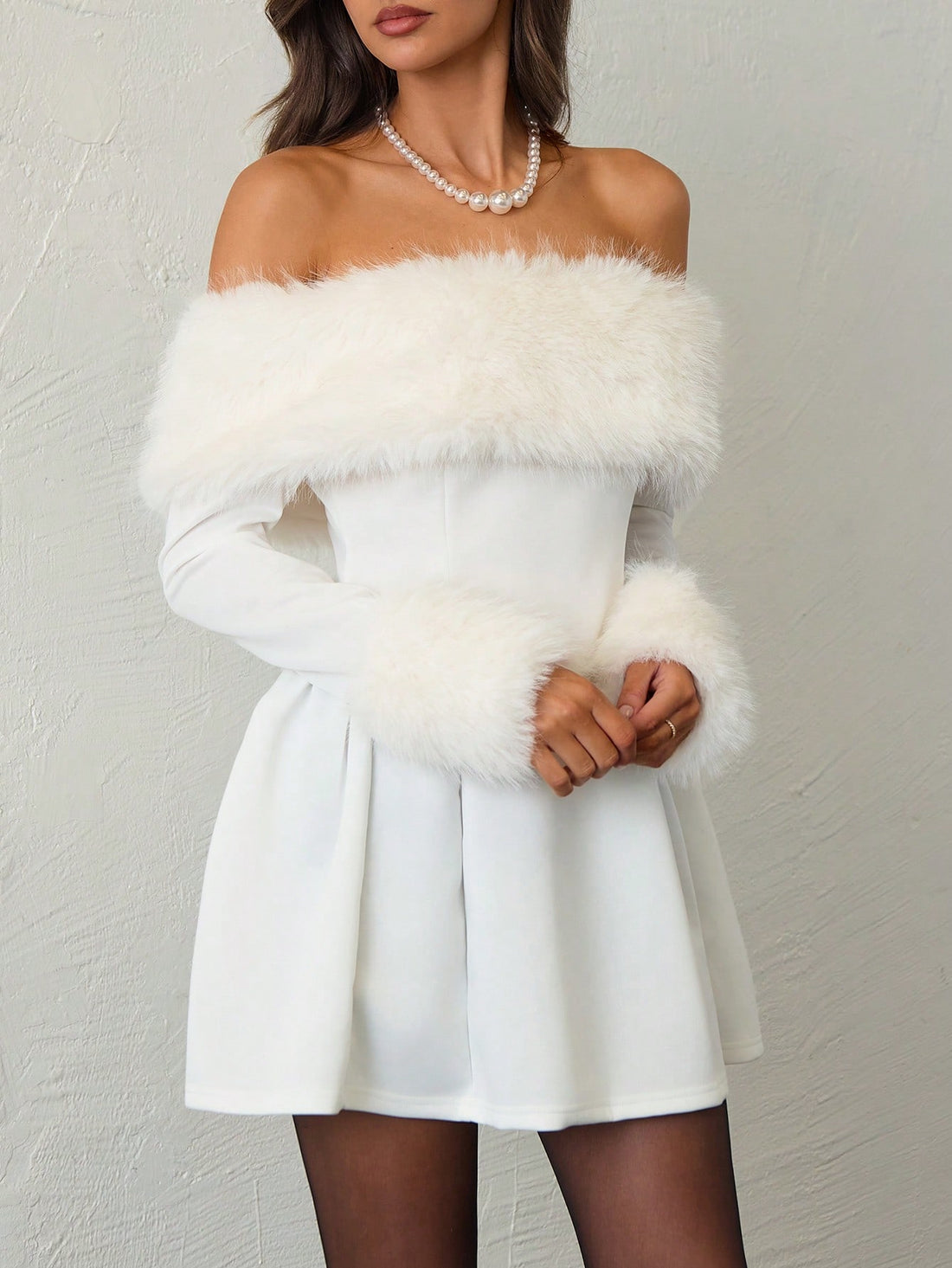 Off-Shoulder Faux Fur Patchwork A-Line Mini Dress for Parties, Gatherings, and Holiday Events