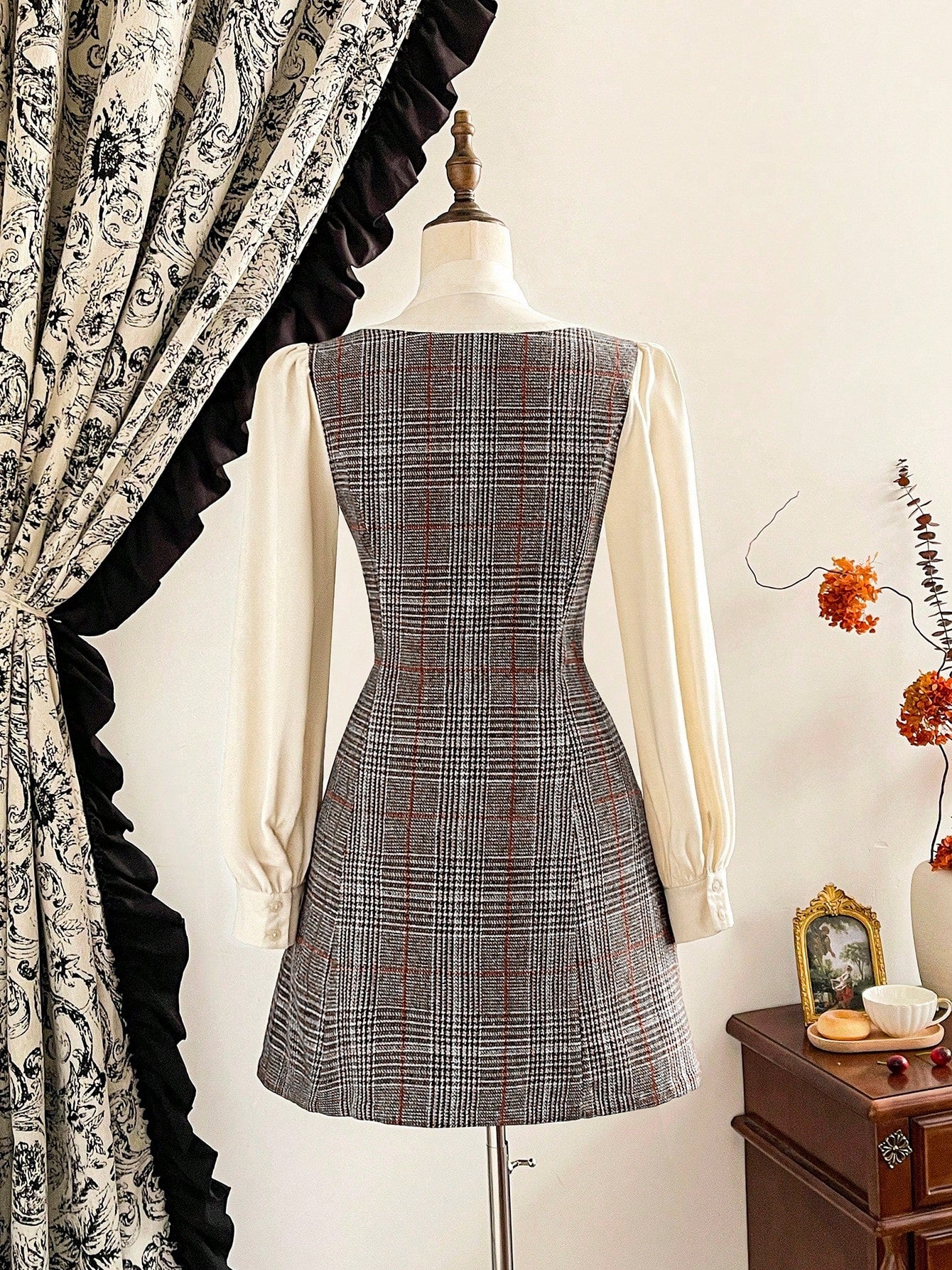 Women’s Woven Fabric Dress, Long Sleeve Collar Design, Plaid Pattern, 2 In 1 Style, 1 Piece, For Autumn and Winter Wear