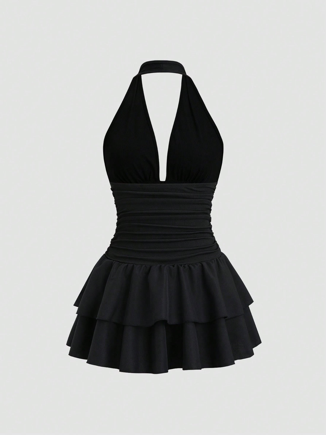 Patchwork Knit and Woven Mini Dress Black Color Single Piece V Neck Ruffle Detail Design For Casual Wear