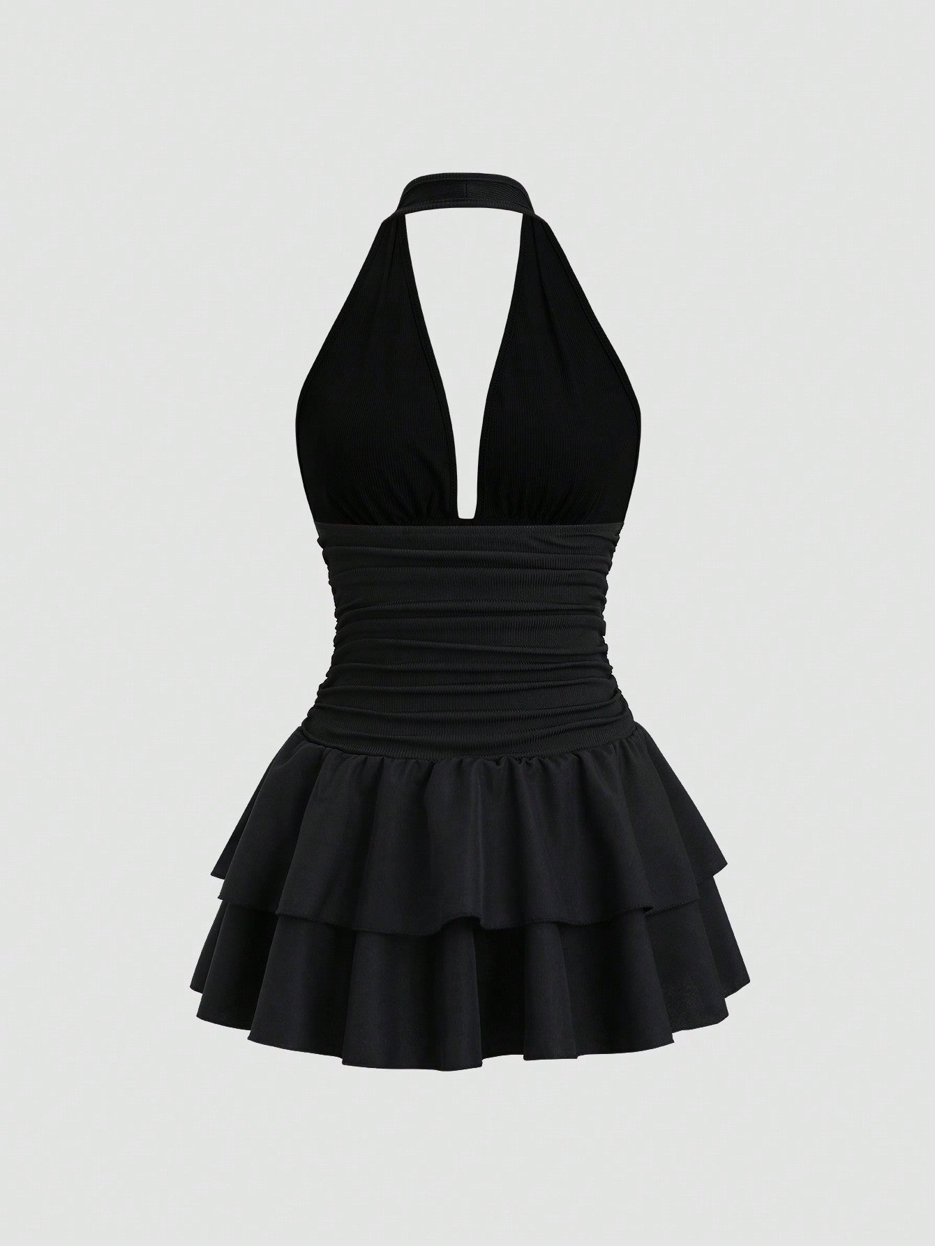 Patchwork Knit and Woven Mini Dress Black Color Single Piece V Neck Ruffle Detail Design For Casual Wear