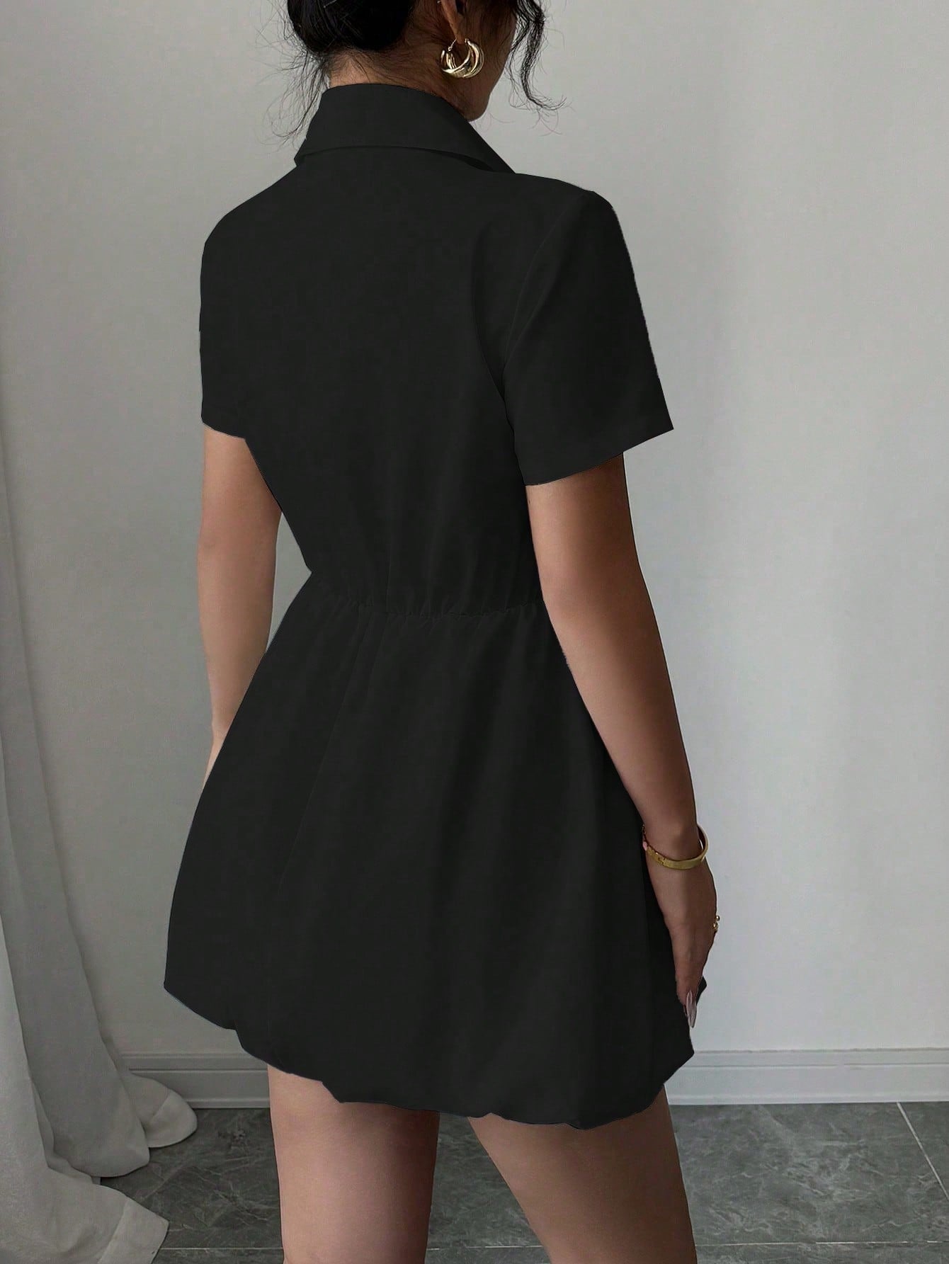 Women’s Woven Fabric Shirt-Style Mini Dress, Short Sleeve Design, Solid Pattern, 1 Piece, For Casual Wear