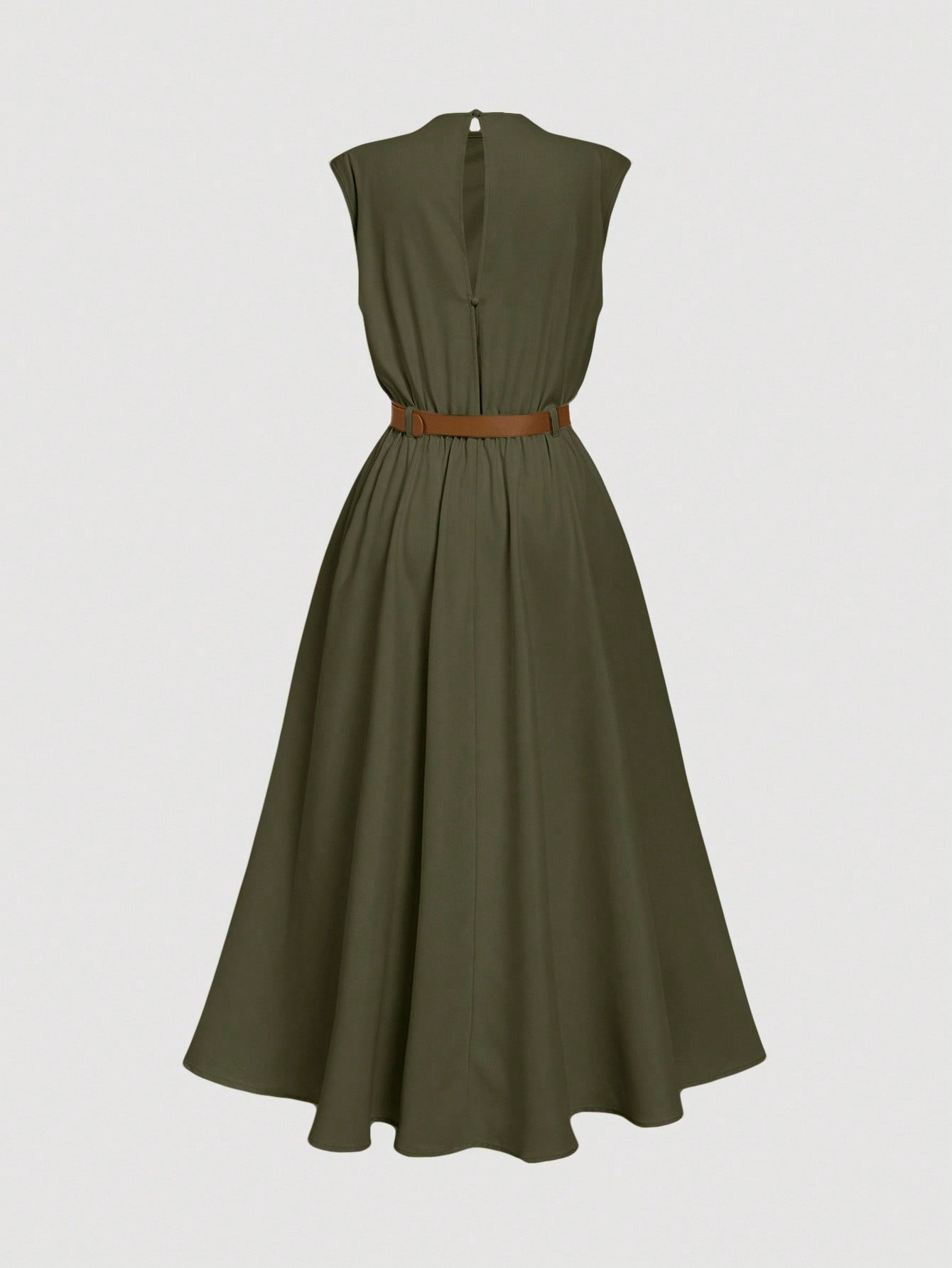 Solid Color Sleeveless Dress with Belt Olive Green for Everyday Wear