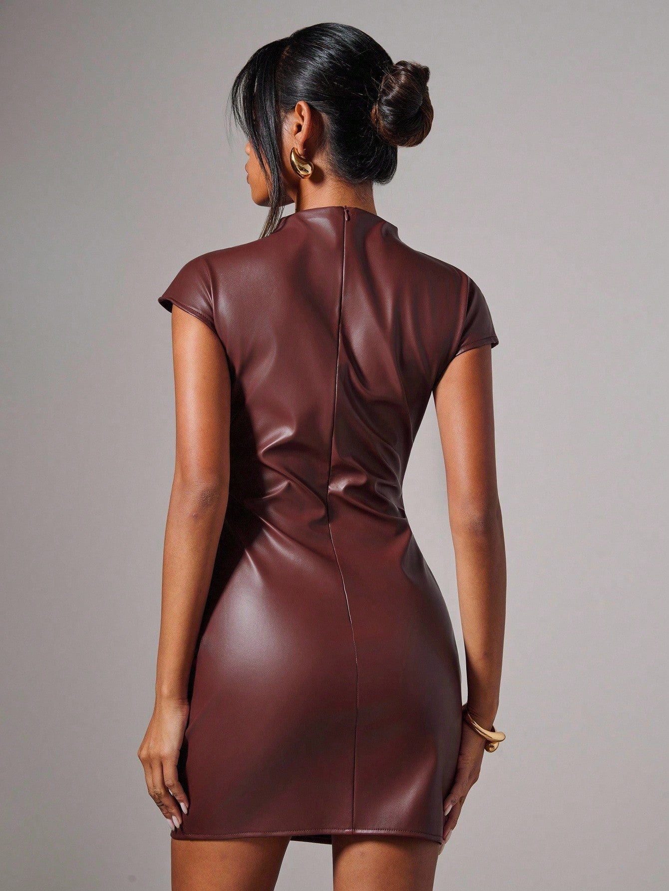 Women’s PU Fabric Mini Dress, Pleated Design, Solid Pattern, 1 Piece, For Commuting Wear