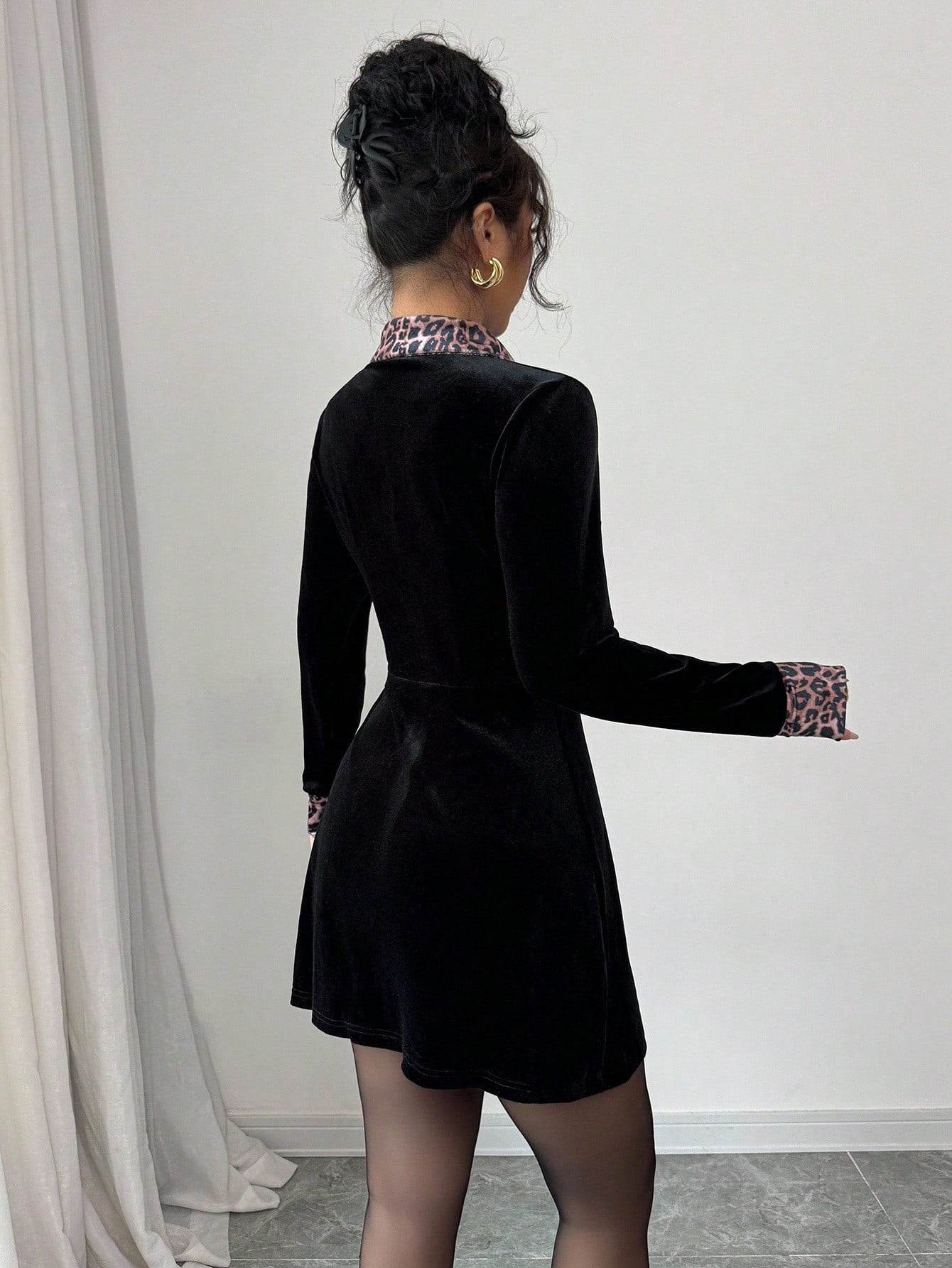 Women’s Woven Fabric Long Sleeve Dress, Patchwork Pattern Design, Front Button Detail, 1 Piece, For Autumn Wear