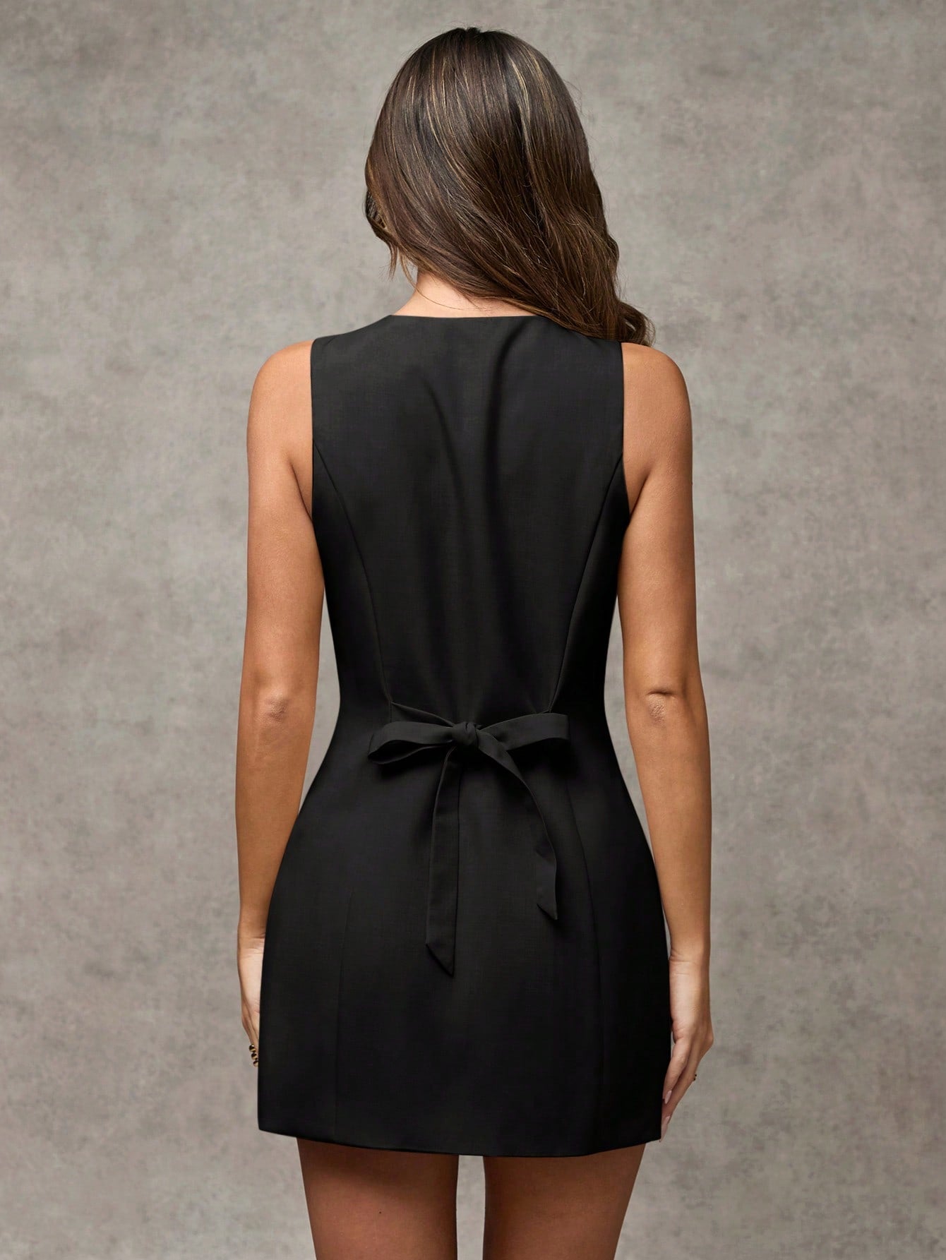 Women’s Woven Fabric Sleeveless Mini Dress, Round Neck Button Front Design, Solid Pattern, 1 Piece, For Workplace Wear