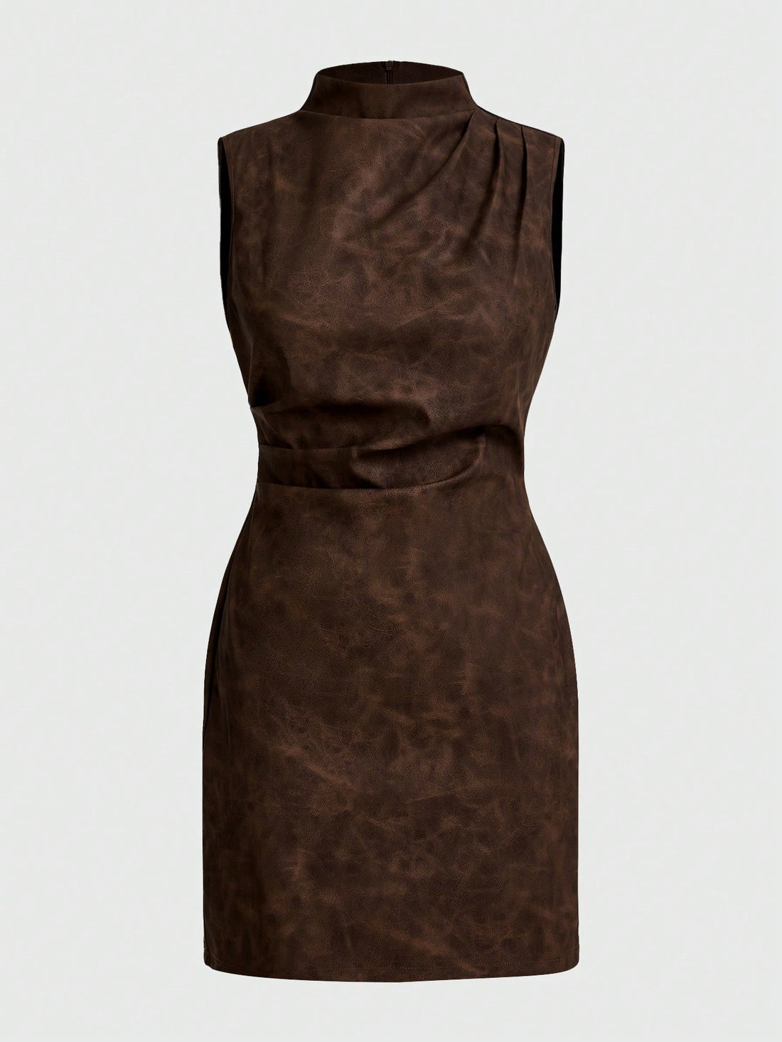 Women’s PU Fabric Mini Dress, Sleeveless Stand Collar Design, Ruched Detail, Solid Pattern, 1 Piece, For Daily Wear