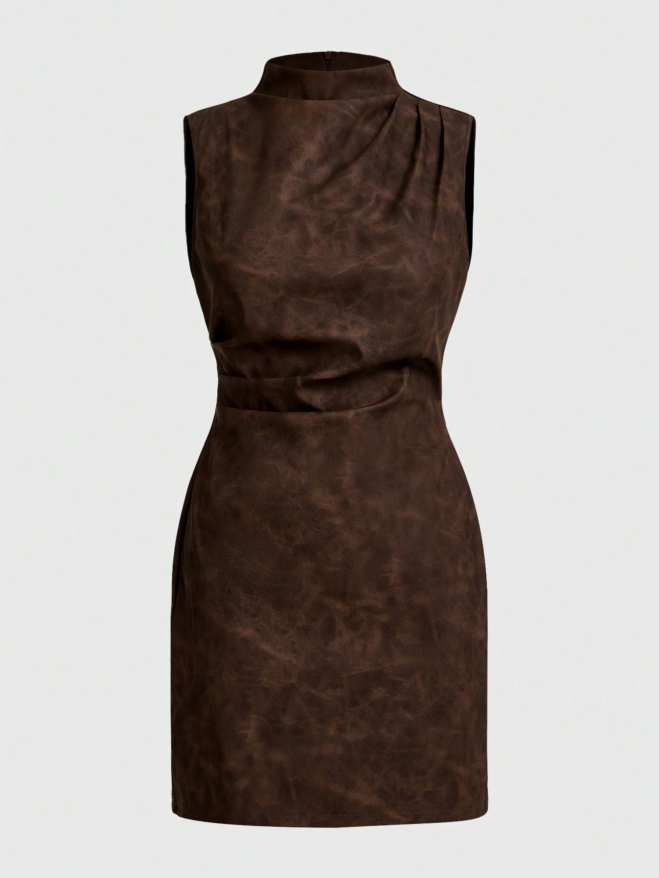Women’s PU Fabric Mini Dress, Sleeveless Stand Collar Design, Ruched Detail, Solid Pattern, 1 Piece, For Daily Wear