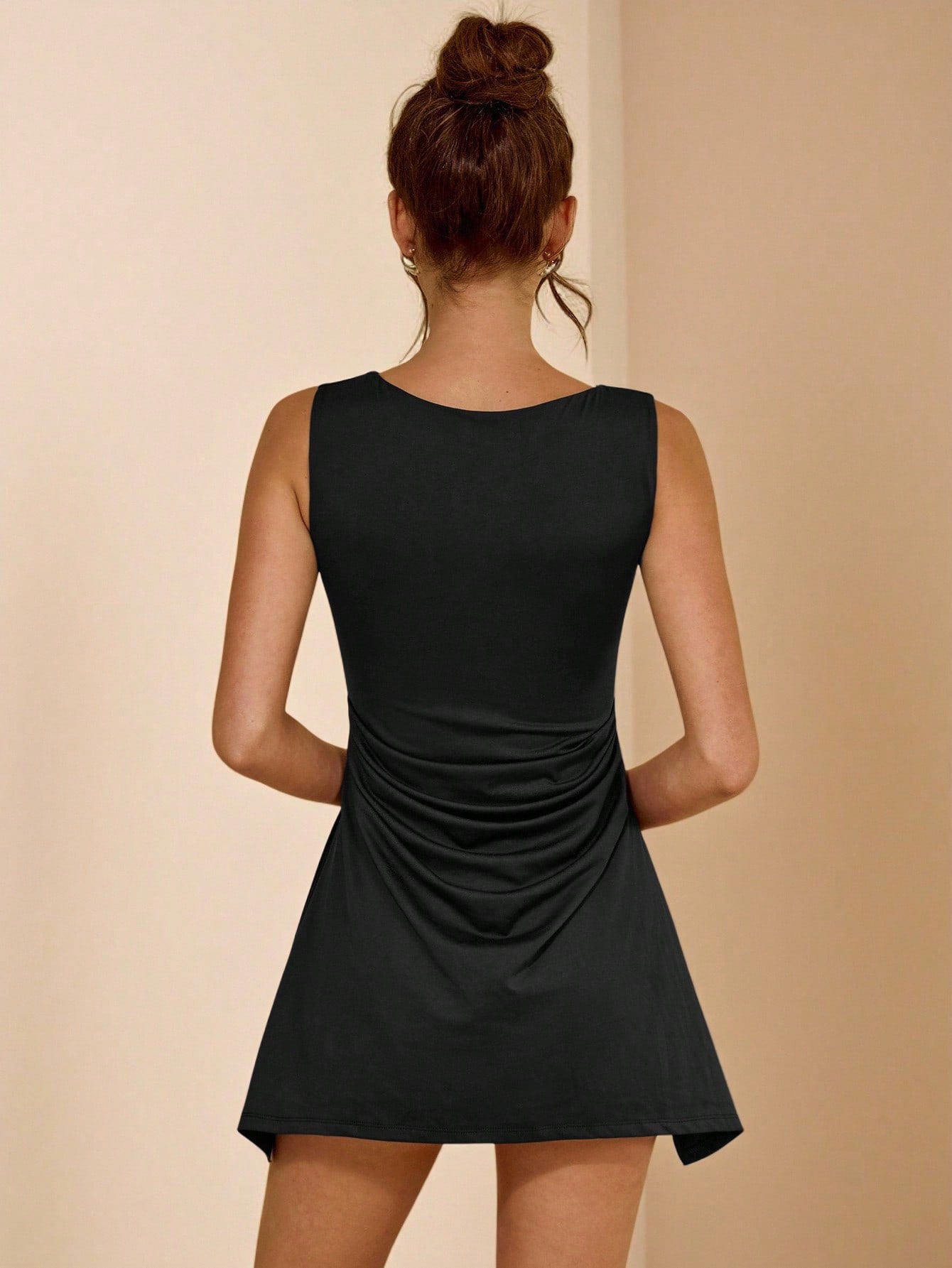 Women’s Woven Fabric Sleeveless Mini Dress, Ruched Detail, Solid Pattern, 1 Piece, For Everyday Wear