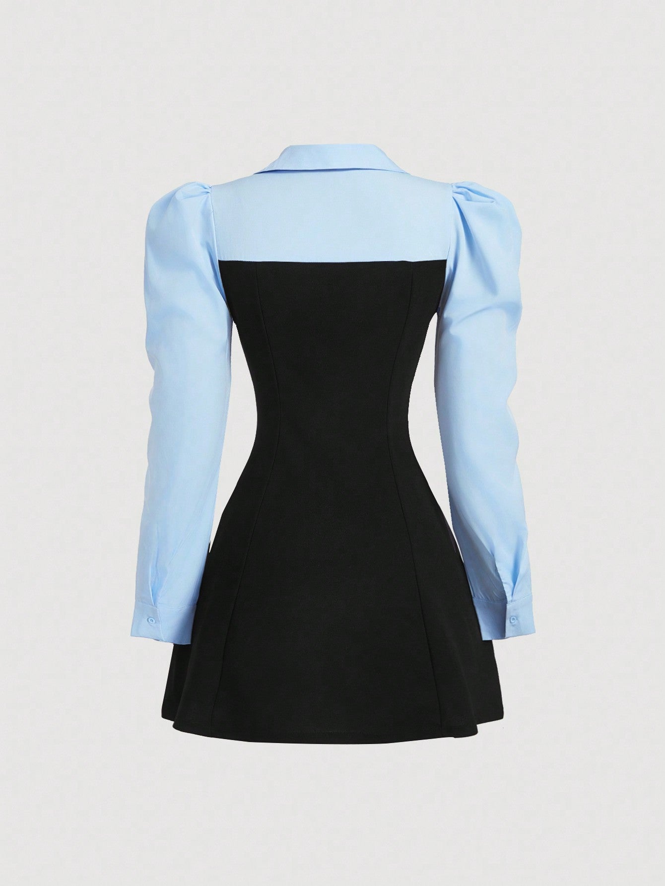 Black and Blue Color Block Shirt Dress with Puff Sleeves Short Length for Everyday Wear