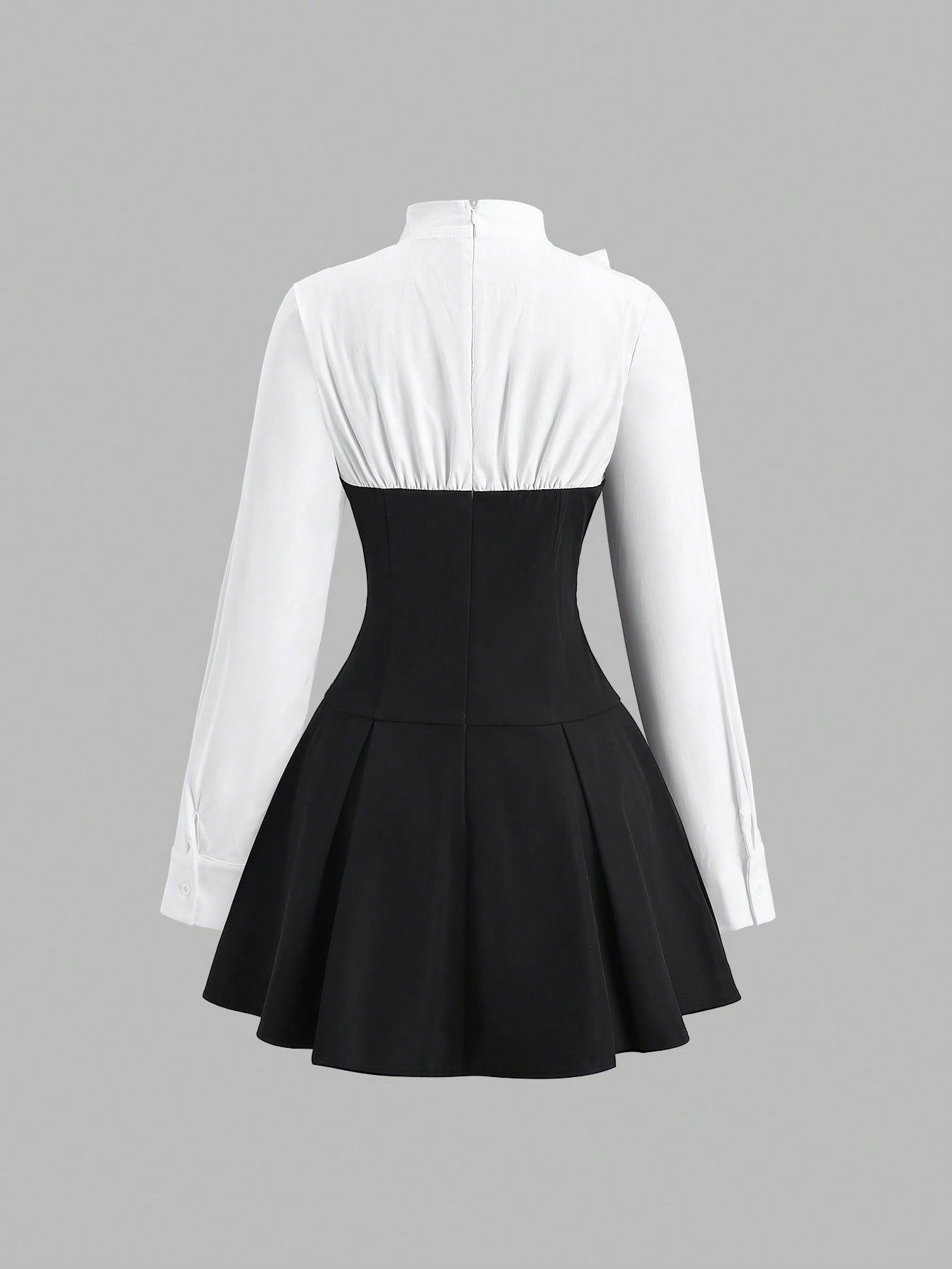 Women’s Woven Fabric Dress, Contrast Collar Design, Bow Detail, Pleated Hem Style, 1 Piece, For Commuting and Daily Wear