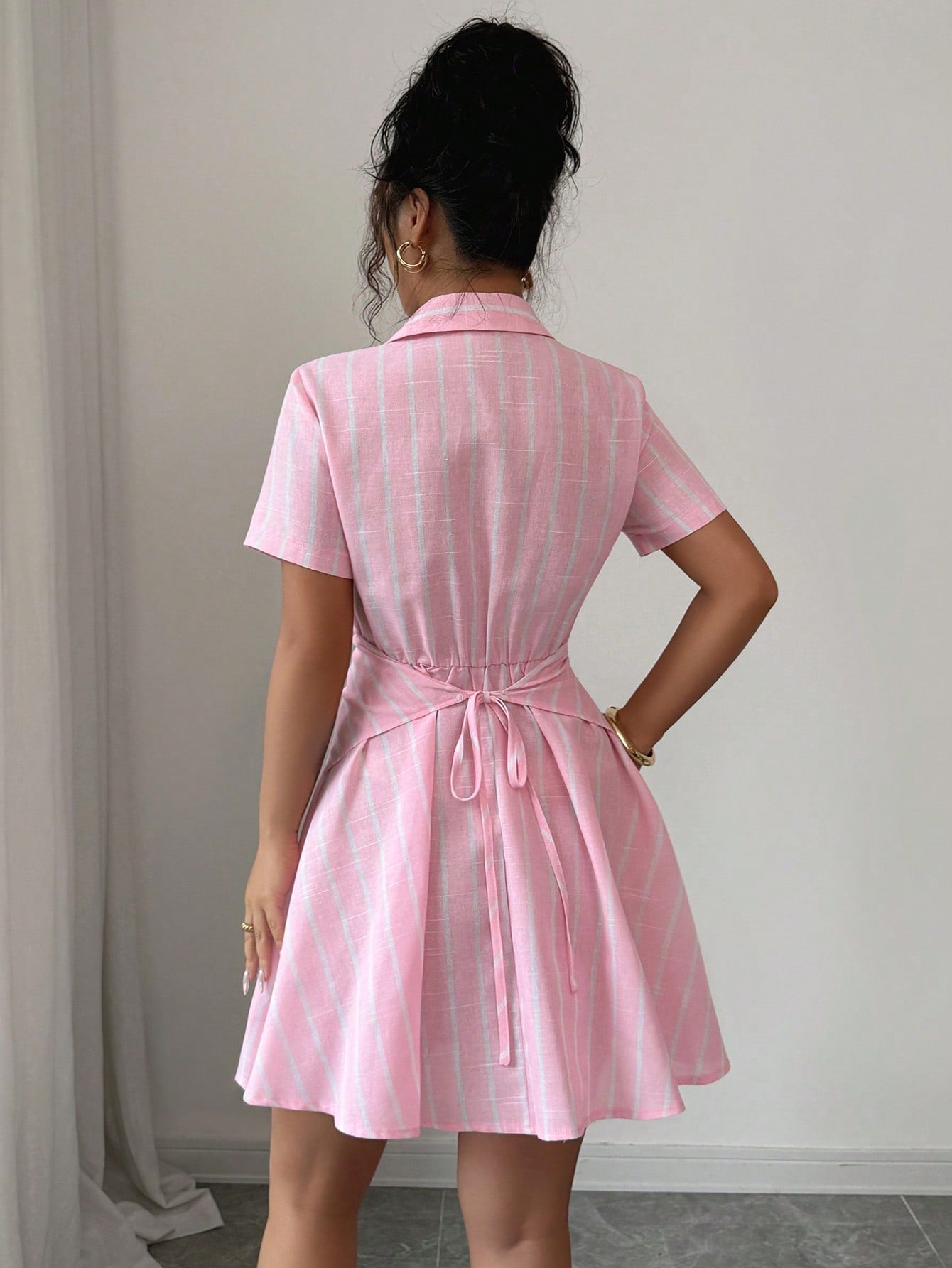 Women’s Woven Fabric Shirt-Style Dress, Short Sleeve Design with Tie Waist Detail, Striped Pattern, 1 Piece, For Summer Daily Wear