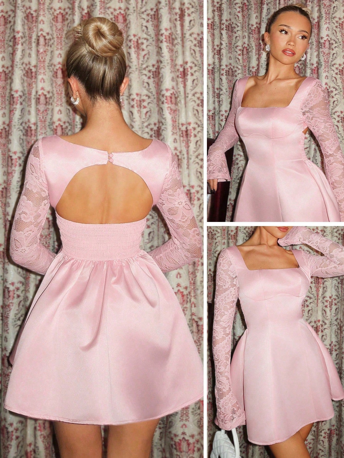 Woven Square Neck Flare Sleeve Backless Dress for Casual Outings, Parties, and Seasonal Events