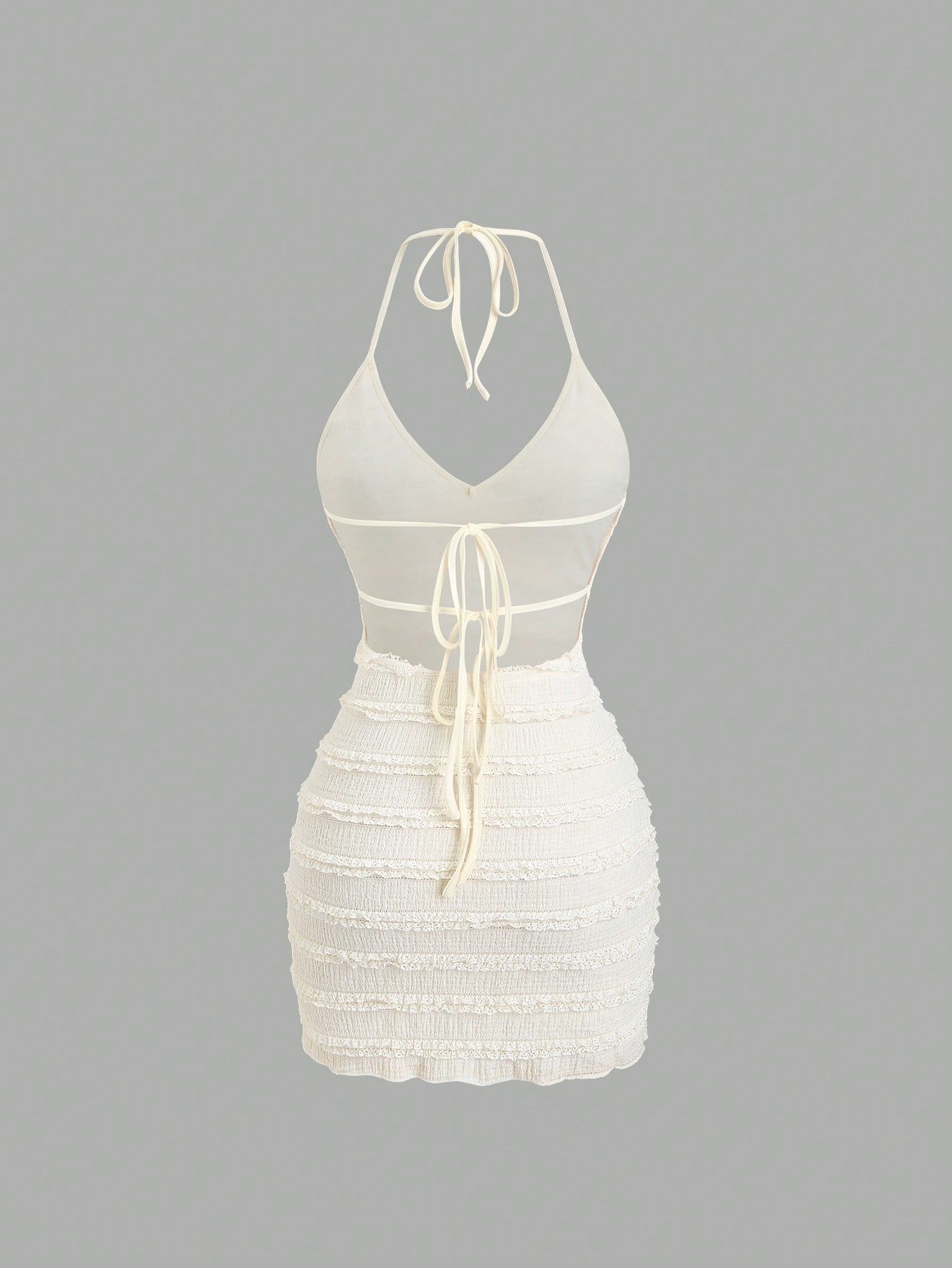 Textured Knit Mini Dress Neutral Color Single Piece Frill Trim Tie Detail Design For Casual Wear