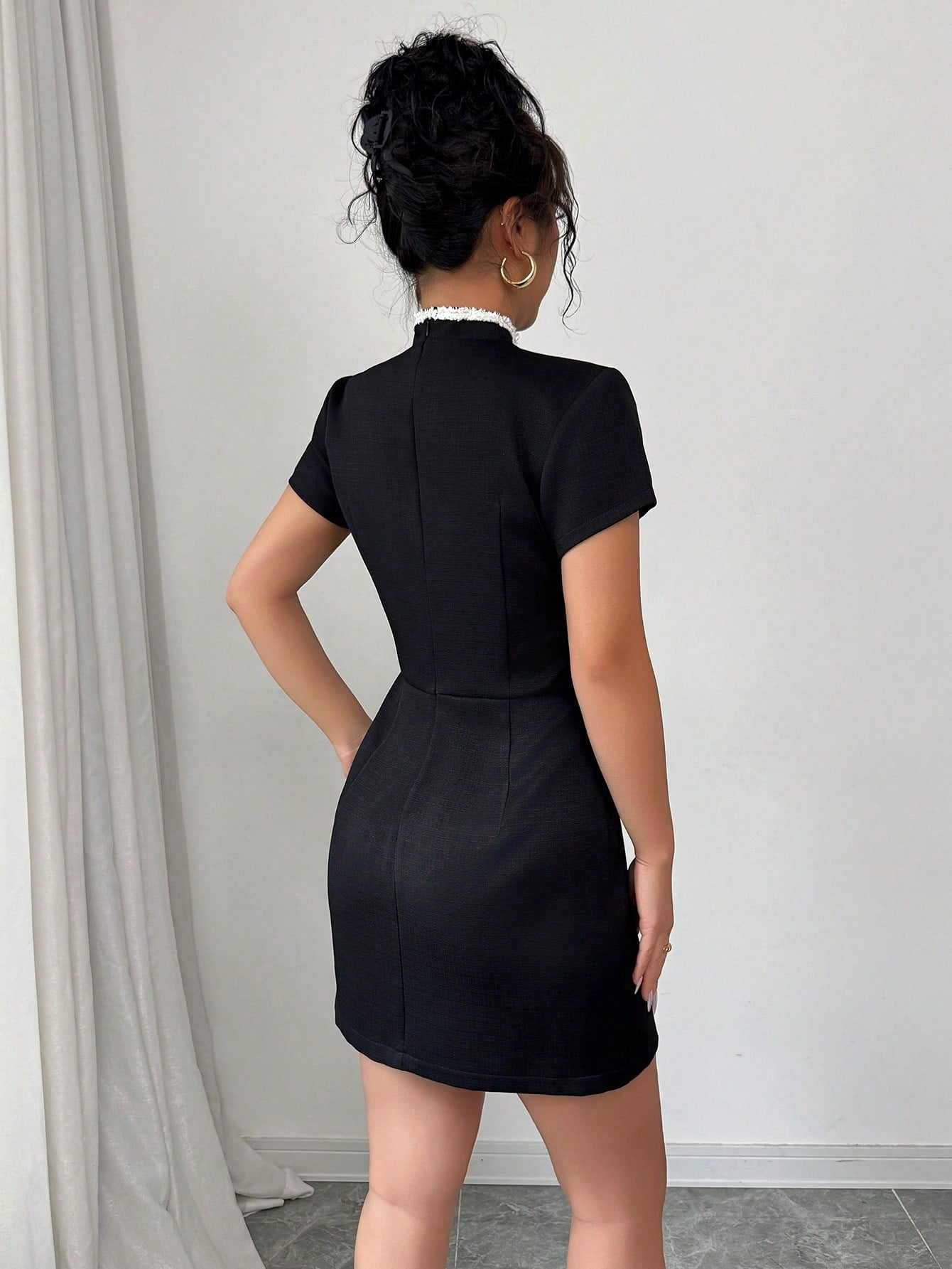 Women’s Woven Fabric Short Sleeve Dress, Stand Collar Design, Ribbon Splice Detail, 1 Piece, For Work and Daily Wear