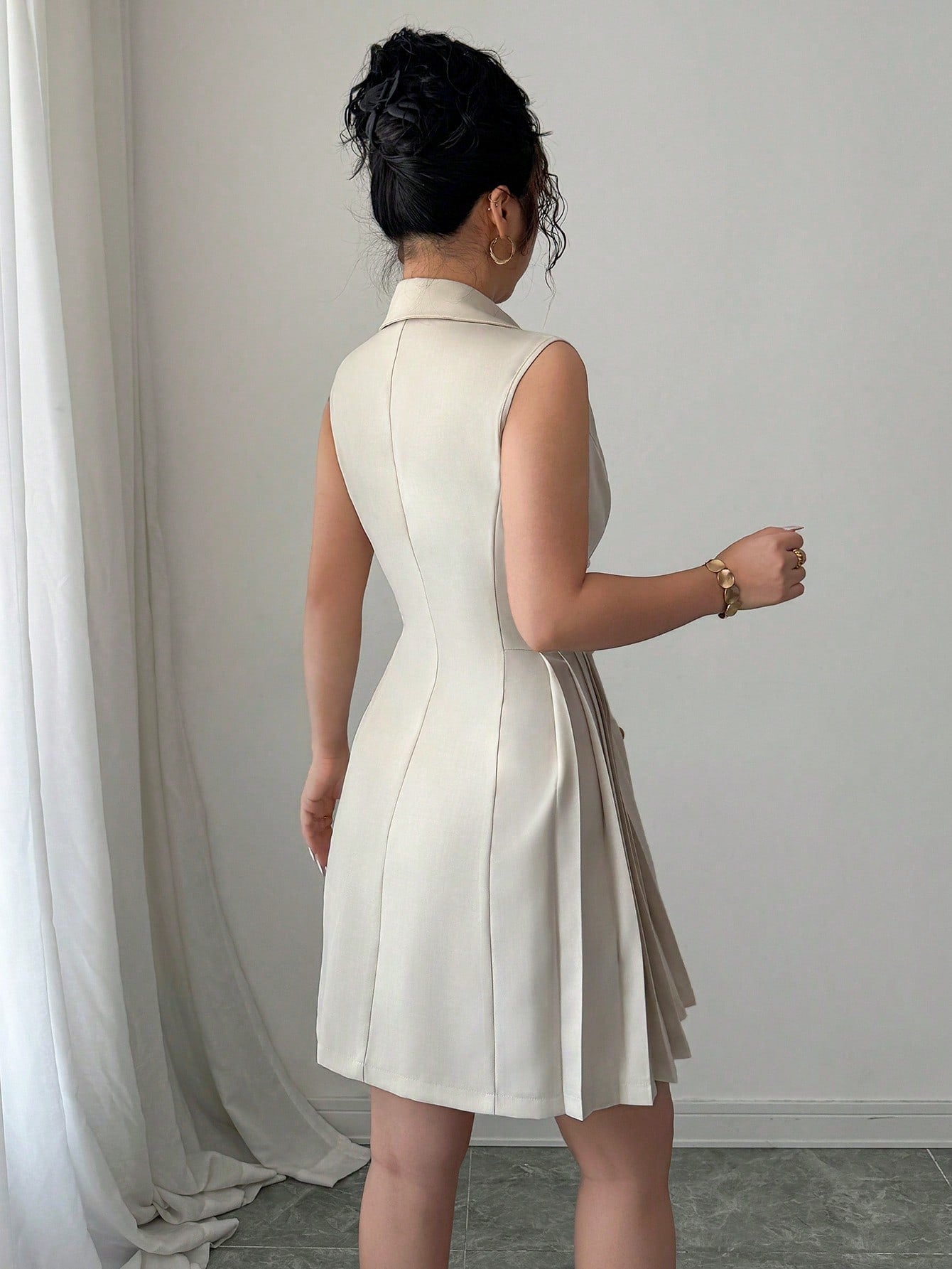 Women’s Woven Fabric Short Dress, Sleeveless Double Breasted Design, Solid Pattern, 1 Piece, For Work and Daily Wear