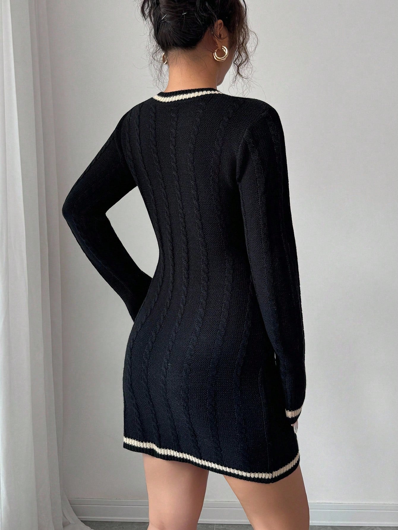 Women’s Knit Fabric Dress, Contrast Trim Design, Long Sleeve Style, 1 Piece, For Autumn and Winter Wear