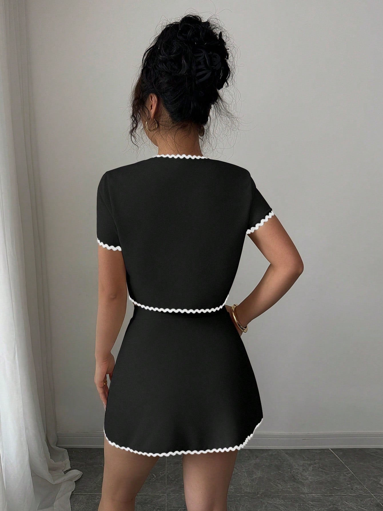 Women’s Two-Piece Set, Short Sleeve Button Top and Matching Skirt, Contrast Trim Detail, 2 Pieces, For Everyday Wear