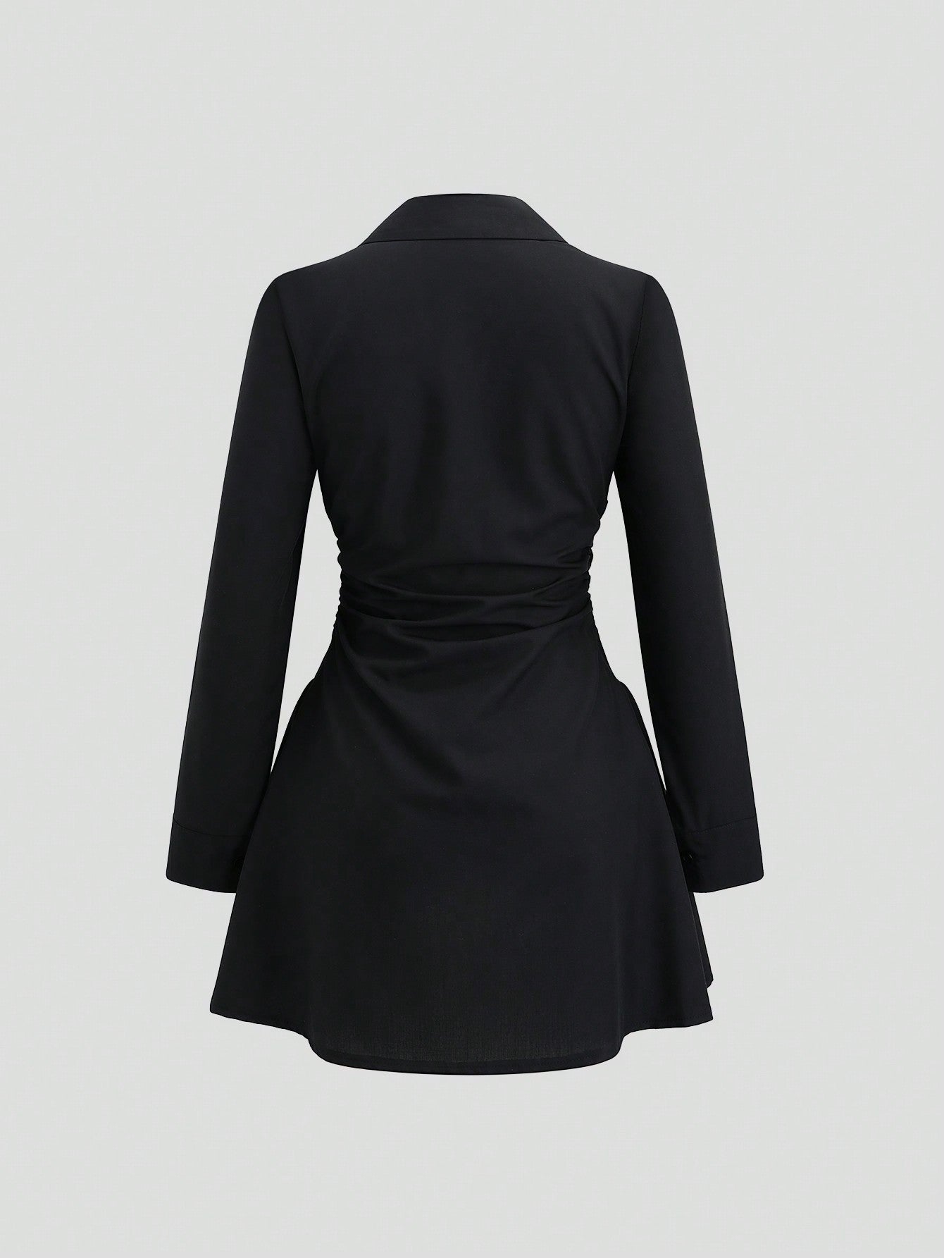 Women’s Woven Fabric Shirt Dress, Long Sleeve Design with Ruched Detail, Solid Pattern, 1 Piece, For Autumn Wear