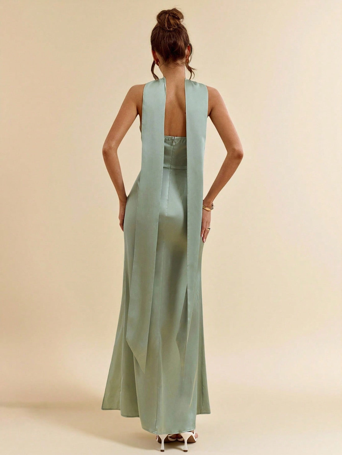 Green Halter Ribbon Backless High Slit Satin Mermaid Dress for Weddings and Special Events