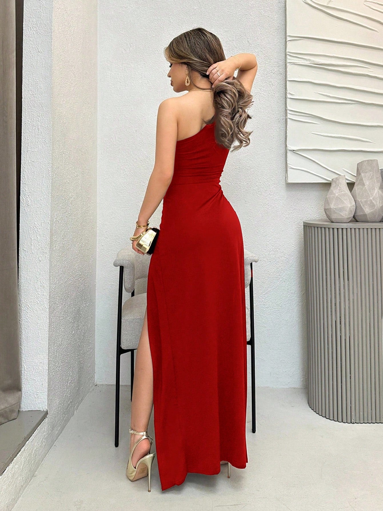 Minimalist Slit Shoulder Maxi Dress for Daily Wear and Holiday Occasions