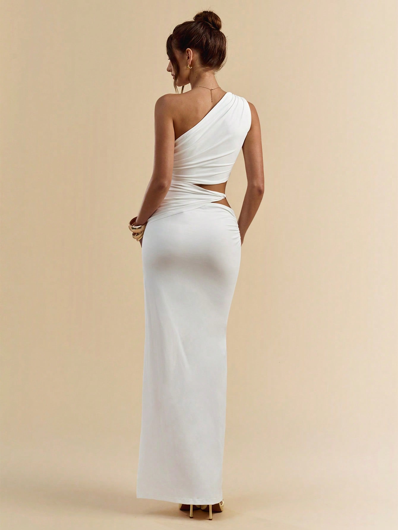 Asymmetric Shoulder Gathered Slim-Fit Hollow-Out High Slit Long Dress for Resort and Vacation Wear