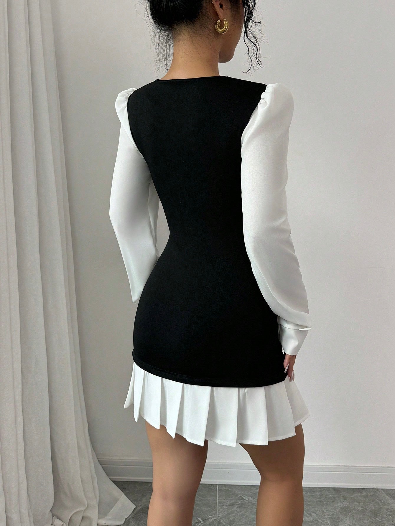 Women’s Woven Fabric Short Dress, Round Neck Pleated Design, Long Sleeve Style, 1 Piece, For Cooler Season Wear